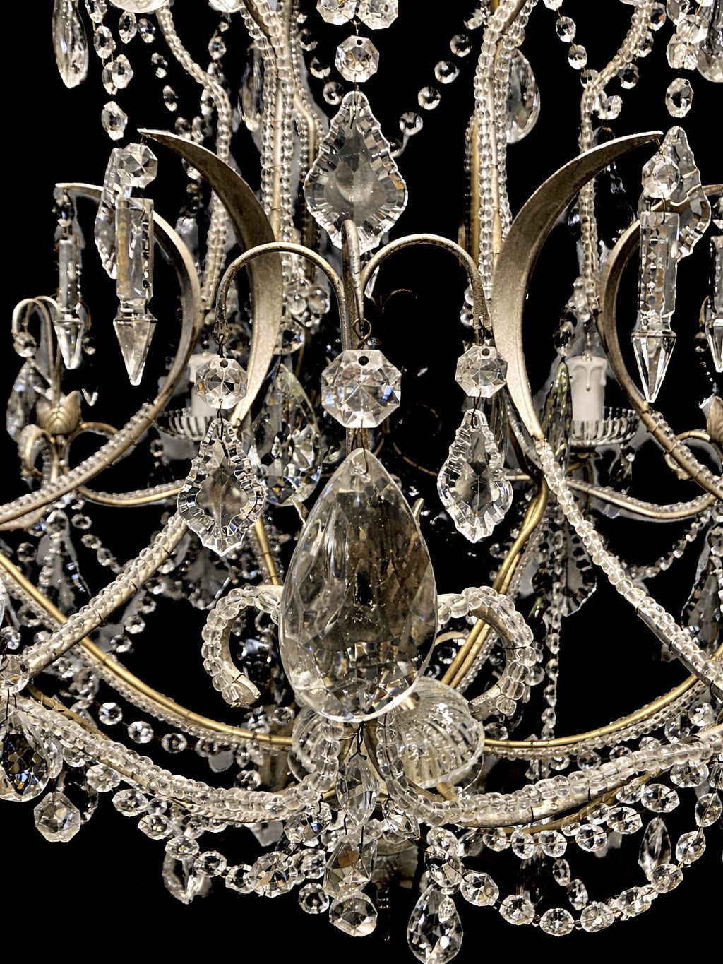 photo for sale Vintage Crystal Chandelier With Beaded Arms And Cut Glass Drops, Circa 1920