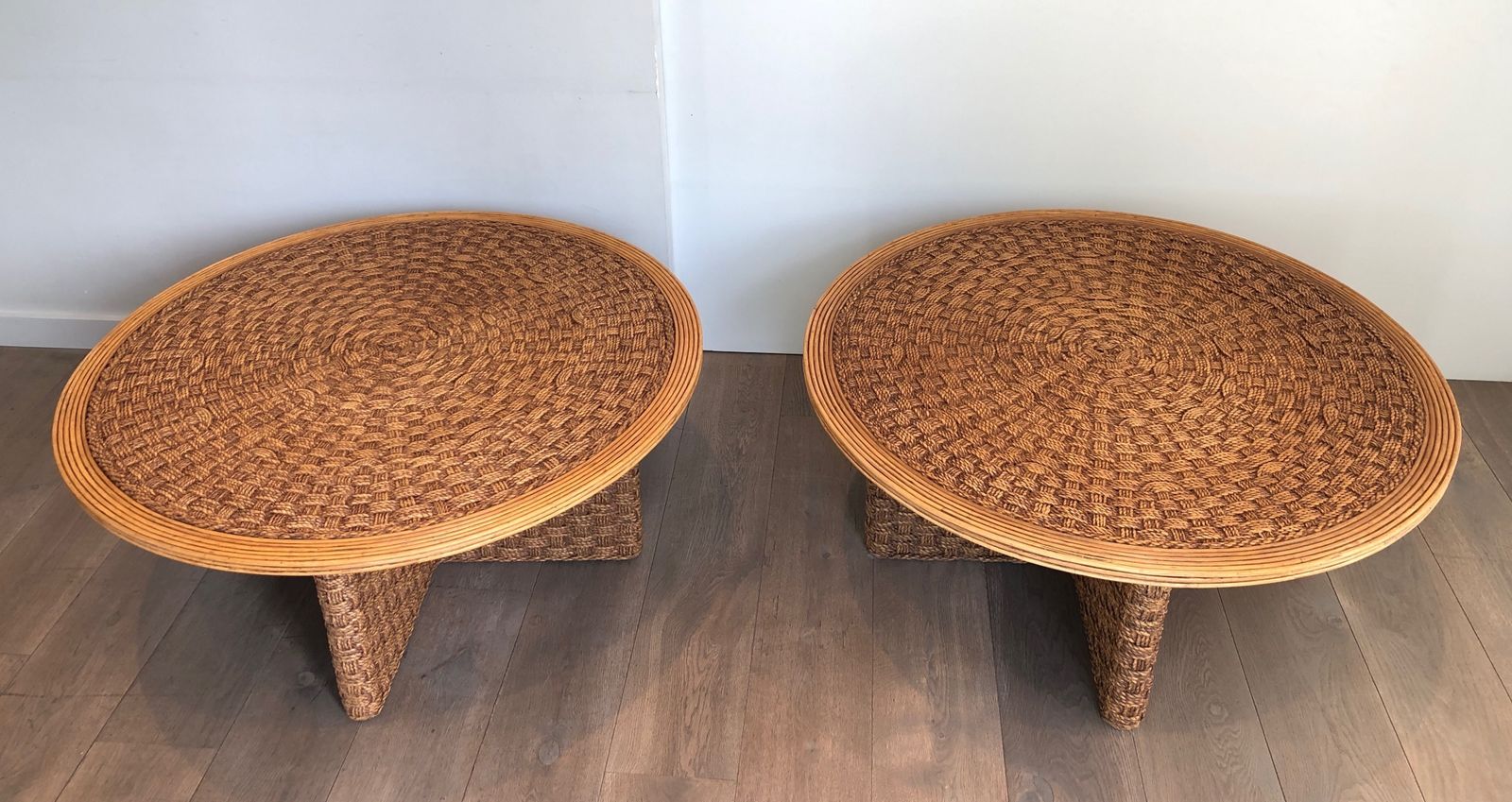 Pair Of Important Round Coffee Tables In Rope And Wood In The Taste Of Audoux Minet photo for sale