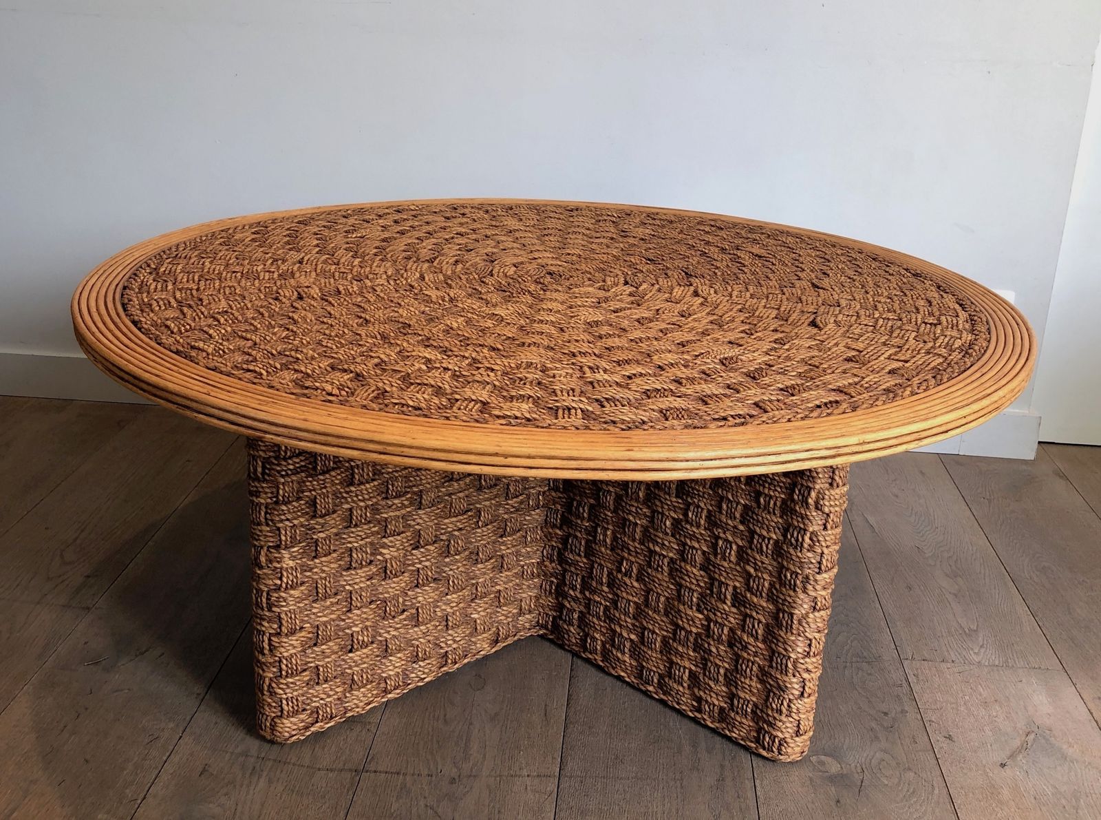 Pair Of Important Round Coffee Tables In Rope And Wood In The Taste Of Audoux Minet photo Furniture