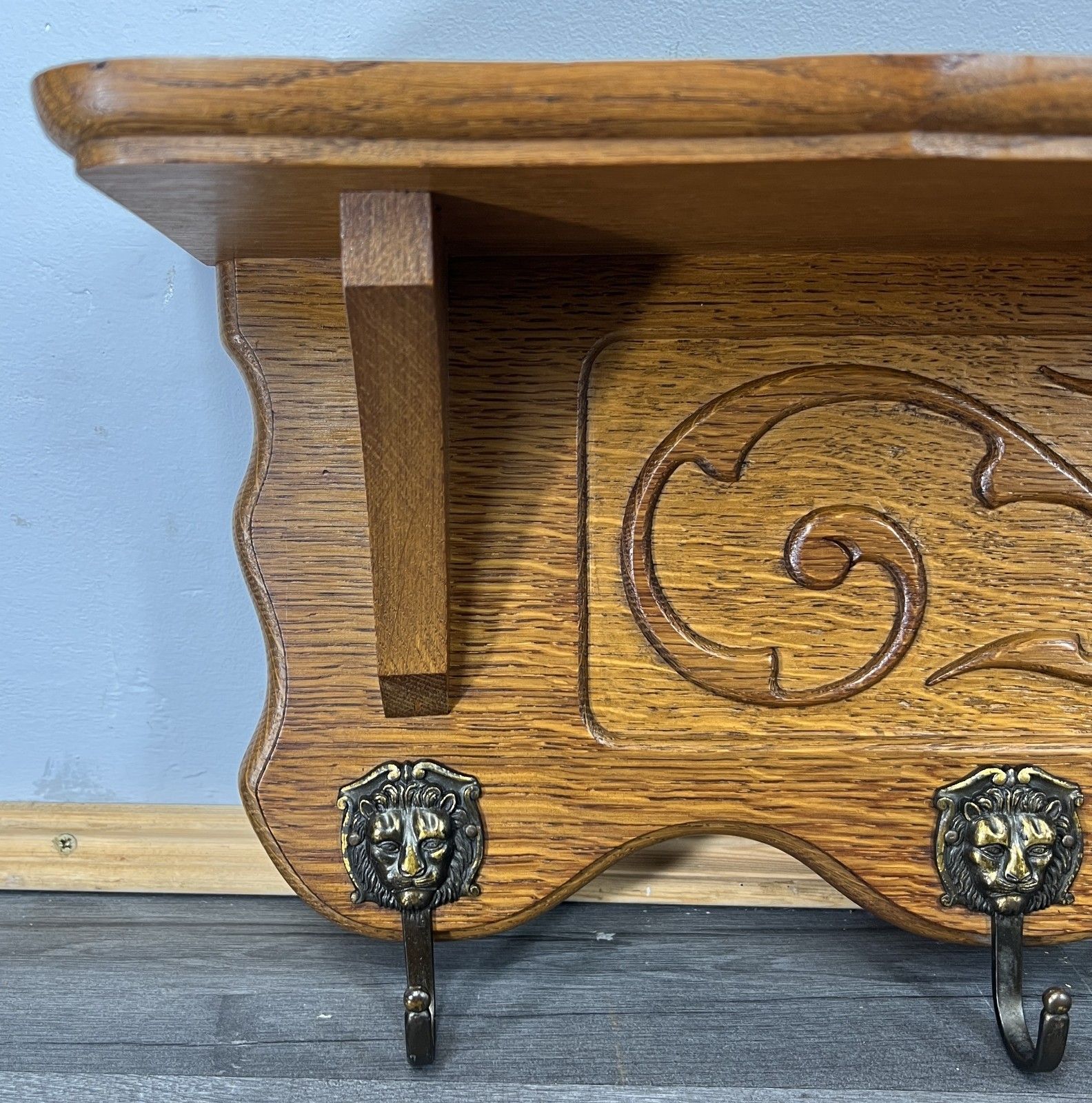 French Vintage Style Coat Rack Oak 5 Hooks Ornate Wall Shelf Coat Lot 4722 photo for sale