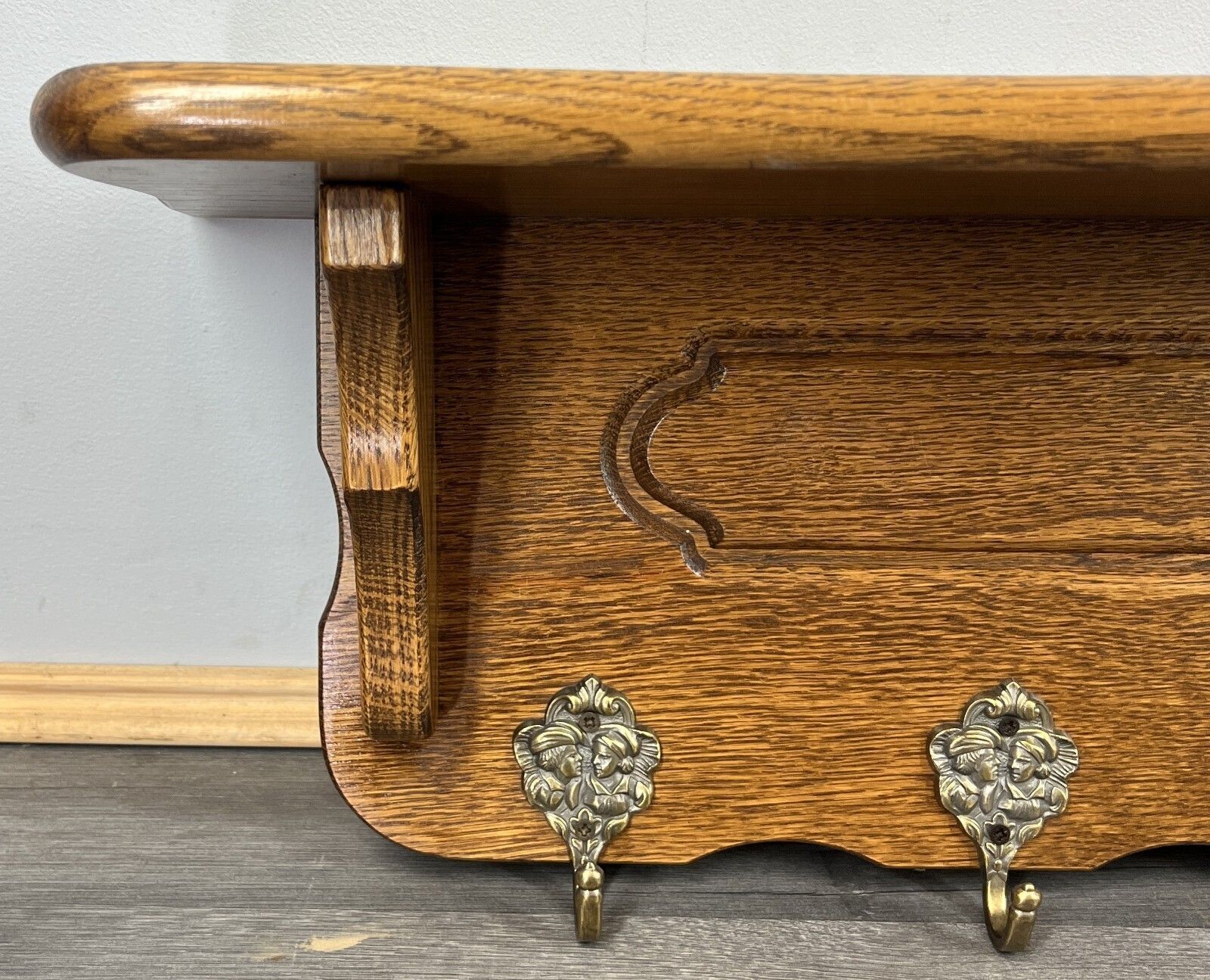 French Vintage Style Coat Rack Oak 5 Hooks Ornate Wall Shelf Coat Lot 4724 photo Furniture