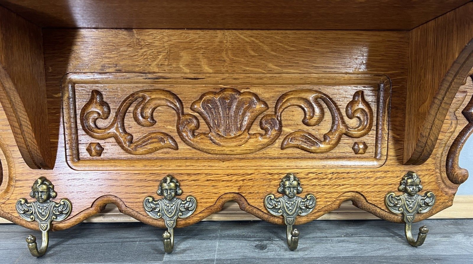 French Vintage Style Coat Rack Oak 4 Hooks Ornate Wall Shelf Coat Lot 4726 photo for sale