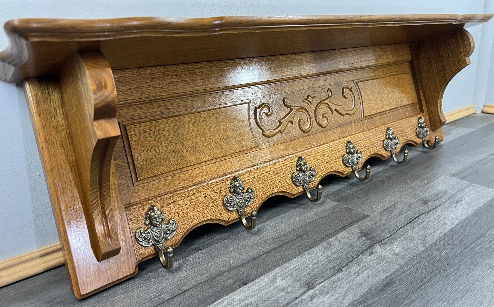 French Vintage Style Coat Rack Oak 6 Hooks Ornate Wall Shelf Coat Lot 4725 photo furniture