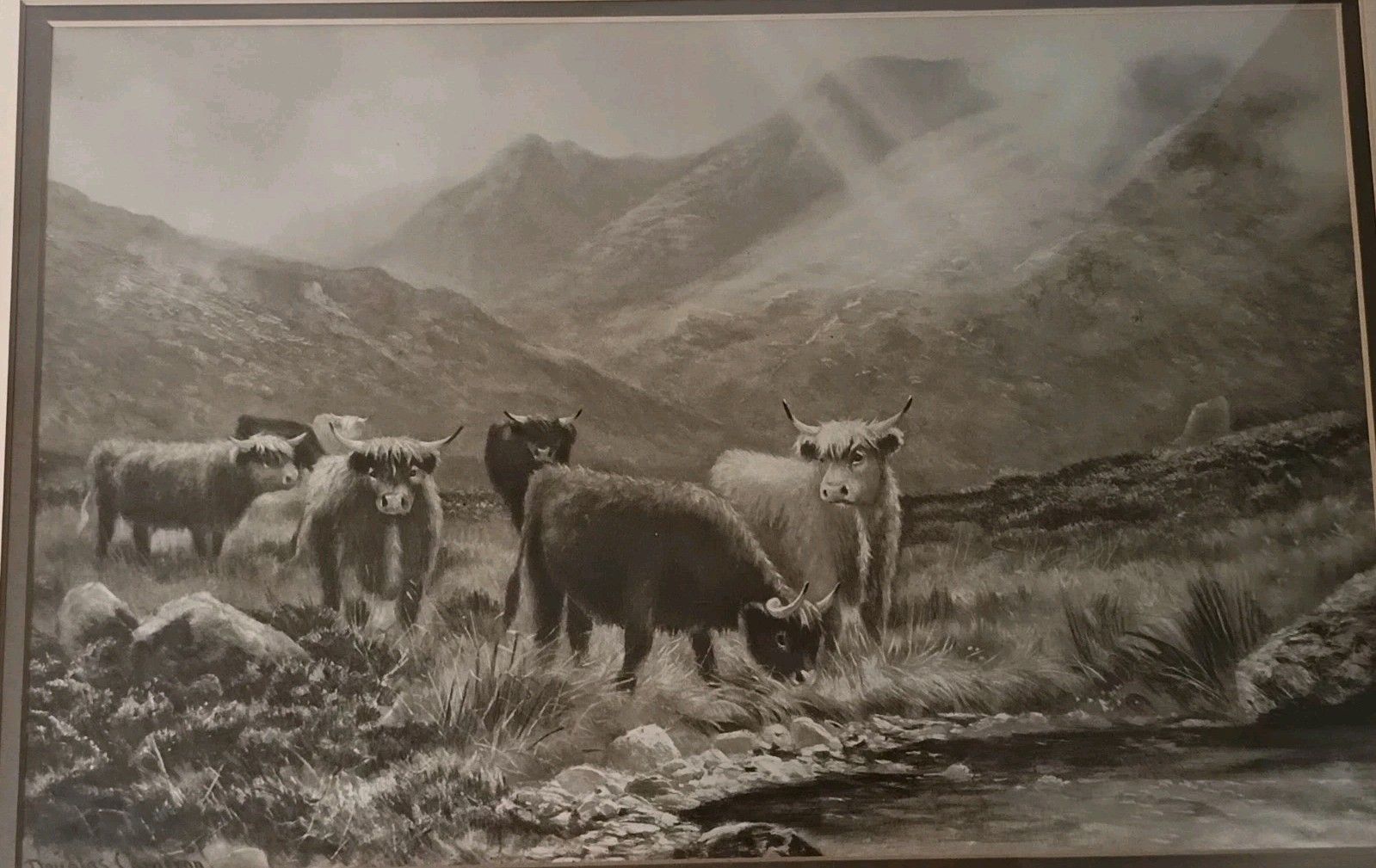Antique Intaglio Print 'A Glint In The Storm' By Douglas Cameron Highland Cows photo furniture