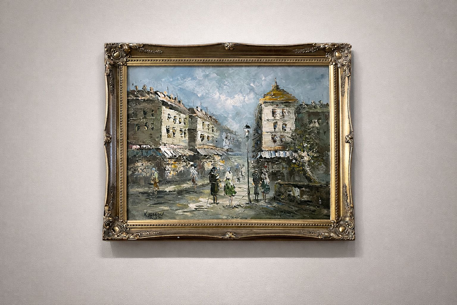 Mid Century European Palette Knife Street Scene, Oil On Canvas, In Original Gilt Frame.
