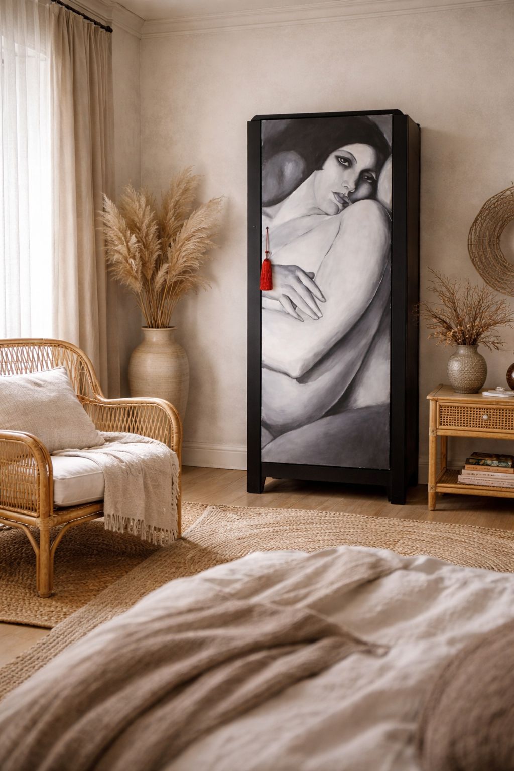 photo vintage Vintage Lebus Wardrobe Hand Painted In Black And White Female Figure