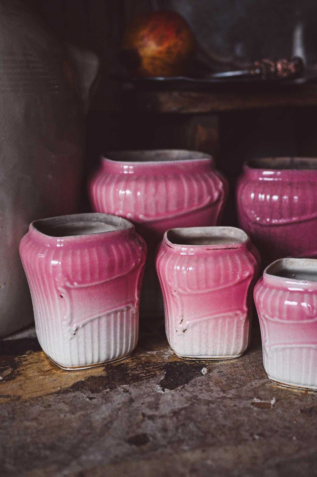 French Terre De Fer Pink Pottery Jars Set | Antique Ceramic Storage | Ombre Glaze | French Kitchen Decor 8 13.5cm photo furniture