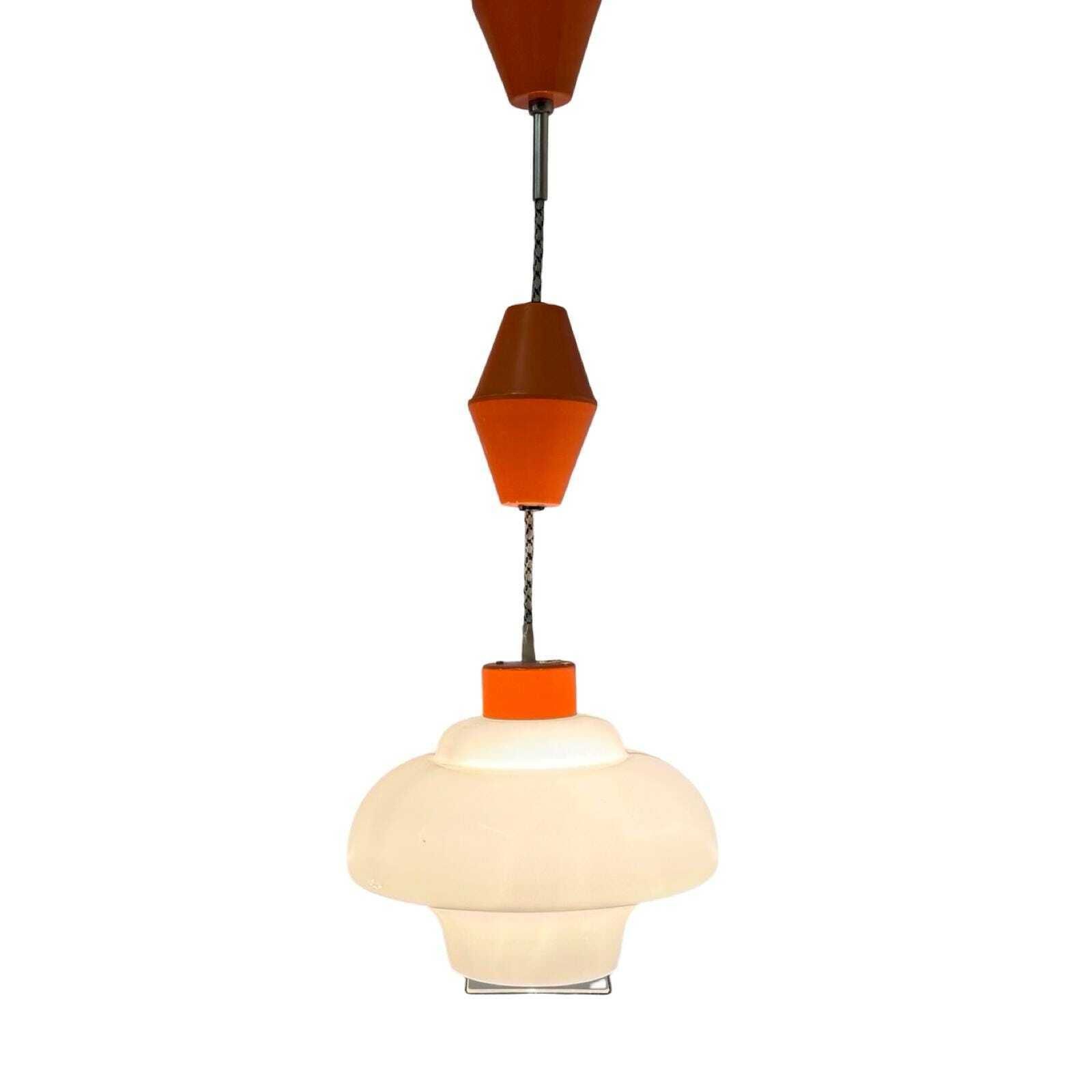 Vintage 50's Mcm Hanging Pendant   Pull Down / Adjustable   Czechoslovakia   Opaline Glass   Kamenický šenov