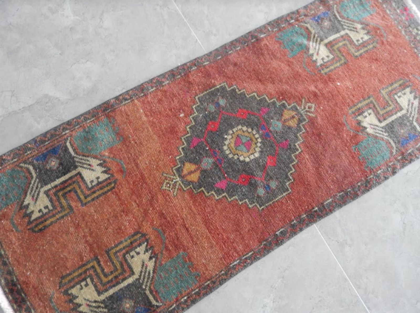 Kurdish Small Rug Distressed Low Pile Yastik Mat Faded Colors Rug 1′7″ × 3′11″ photo Textiles