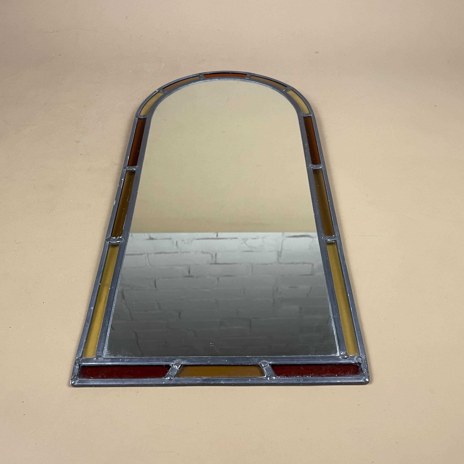 Vintage Tiffany Style Mirror Arched Yellow Red Border Retro 80's Hanging Wall Medium 48.5x23.5cm Glass Bedroom Hallway Arch Curved Portrait photo furniture