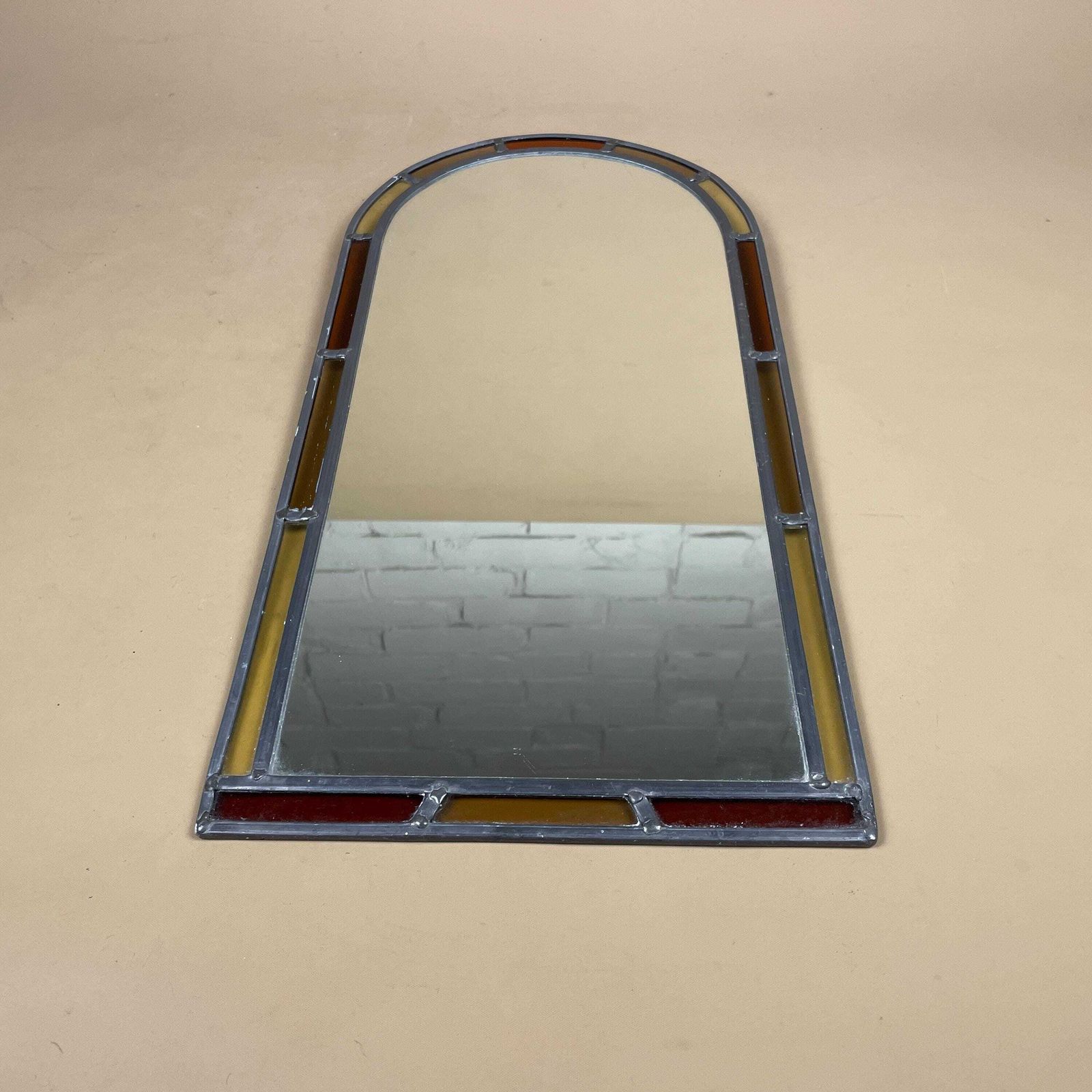 Vintage Tiffany Style Mirror Arched Yellow Red Border Retro 80's Hanging Wall Medium 48.5x23.5cm Glass Bedroom Hallway Arch Curved Portrait photo vinterior
