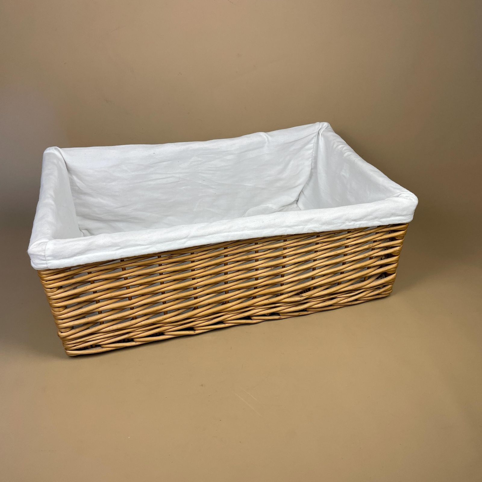 Rectangle Basket Woven Wicker Vintage Log Storage Wood White Fabric Lining Wooden Cottage Farmhouse Medium Logs Fireside Brown Sturdy photo vintage