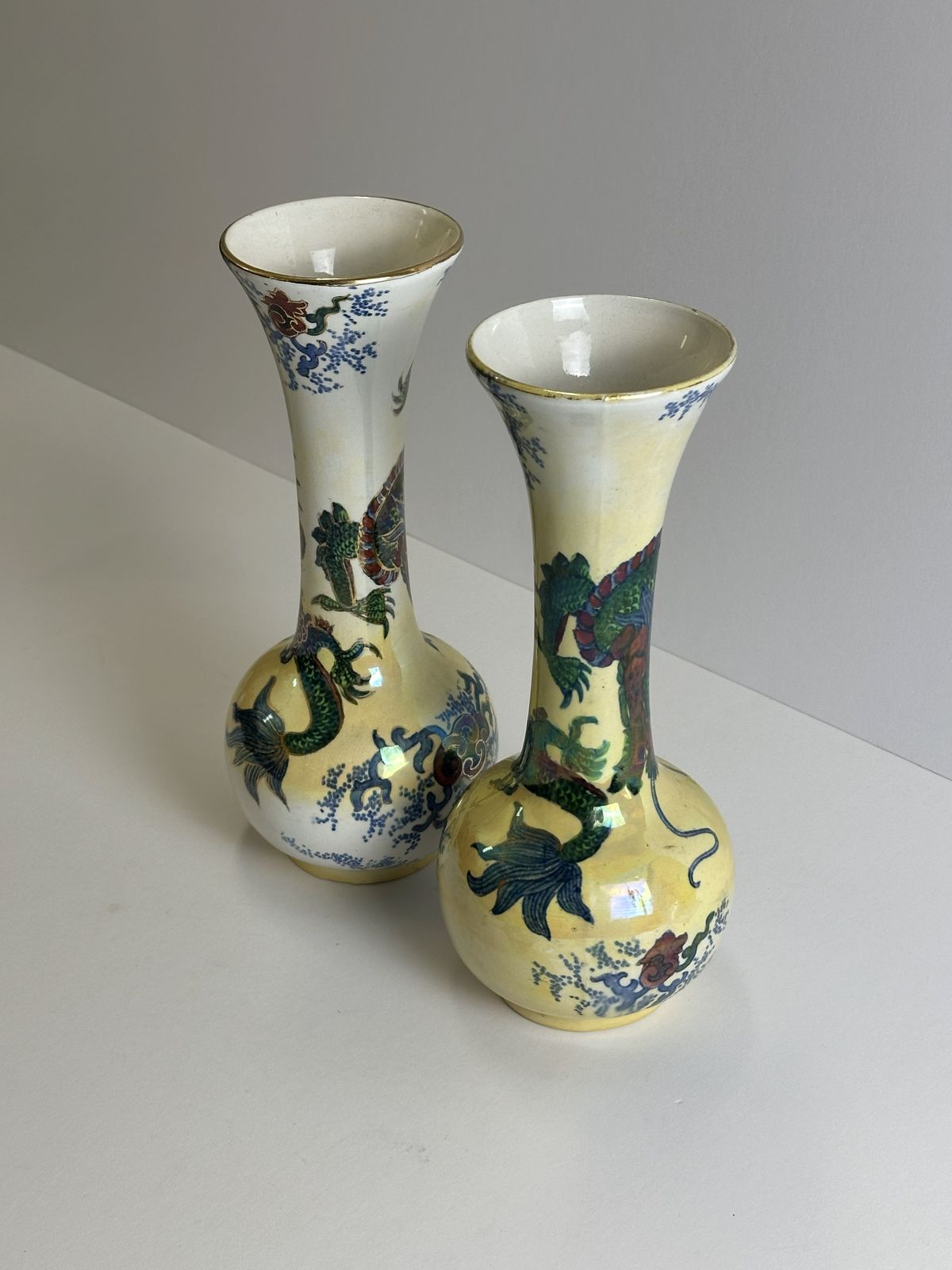 Pair Of Frederick Rhead Dragon Vases, Bursley Ware, Staffordshire, 1930s photo vintage