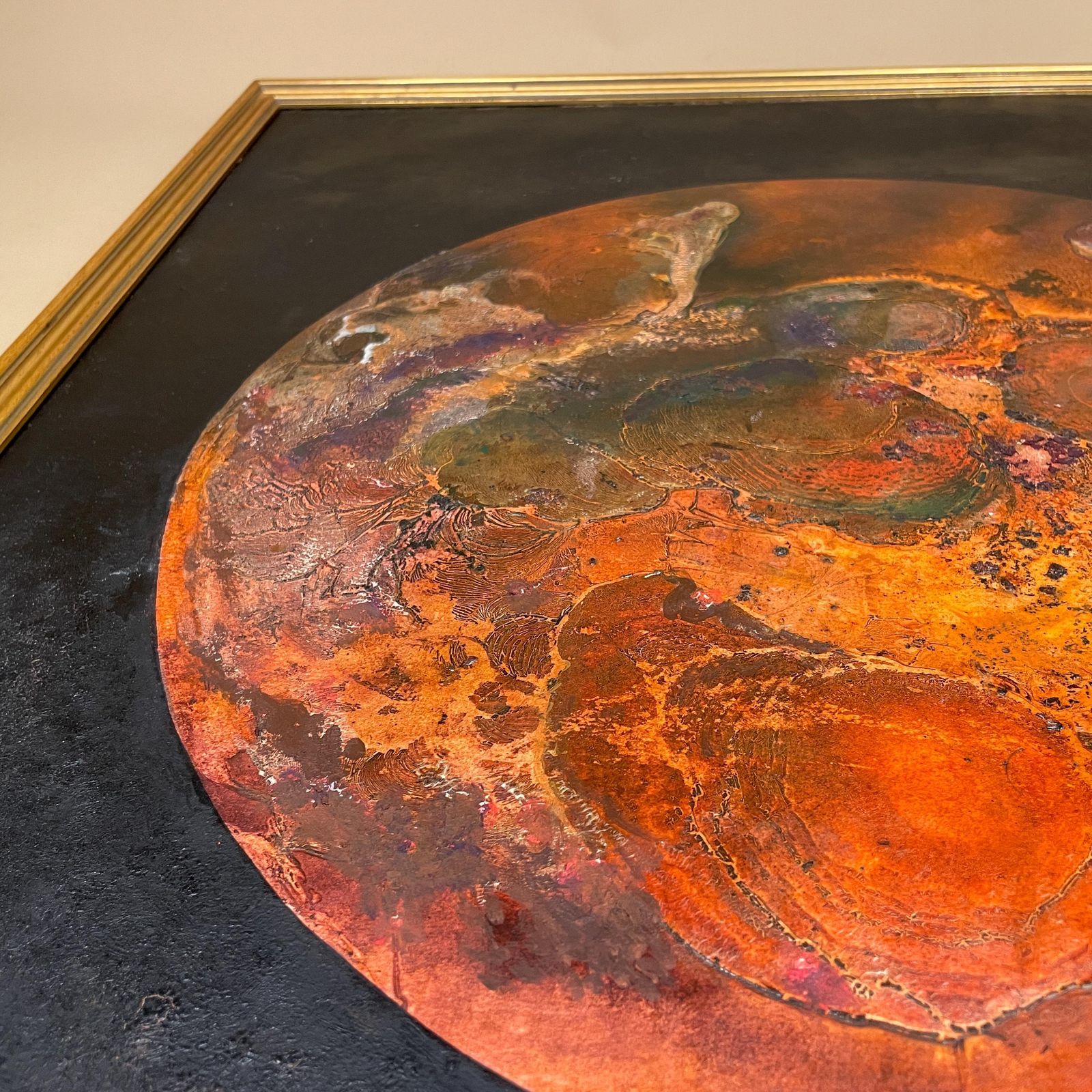 Vintage Abstract Painting Framed Planet Circle Space Modernist Acrylic Mixed Media Art Picture Artwork Wall Decor Gold Wooden Frame photo furniture
