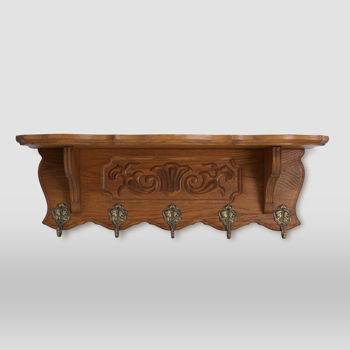 Mid Century Belgian Oak Wall Mounted Coat Rack In The Style Of Bruegel, 1950s