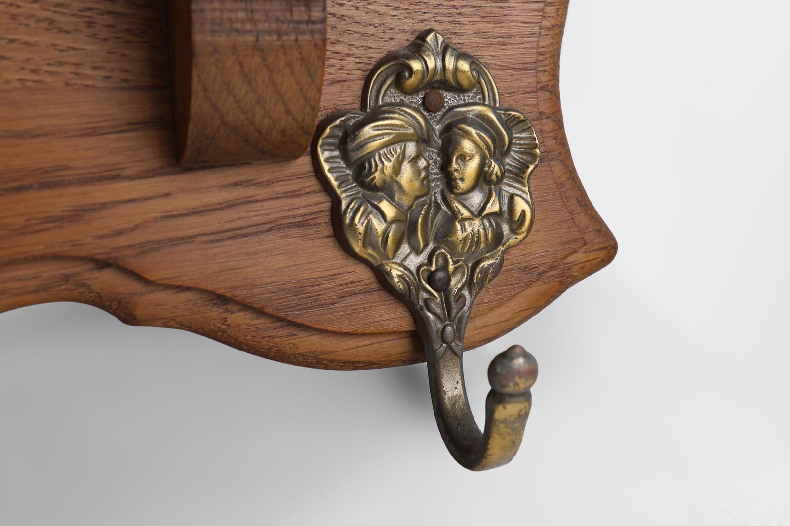 Mid Century Belgian Oak Wall Mounted Coat Rack In The Style Of Bruegel, 1950s photo for sale