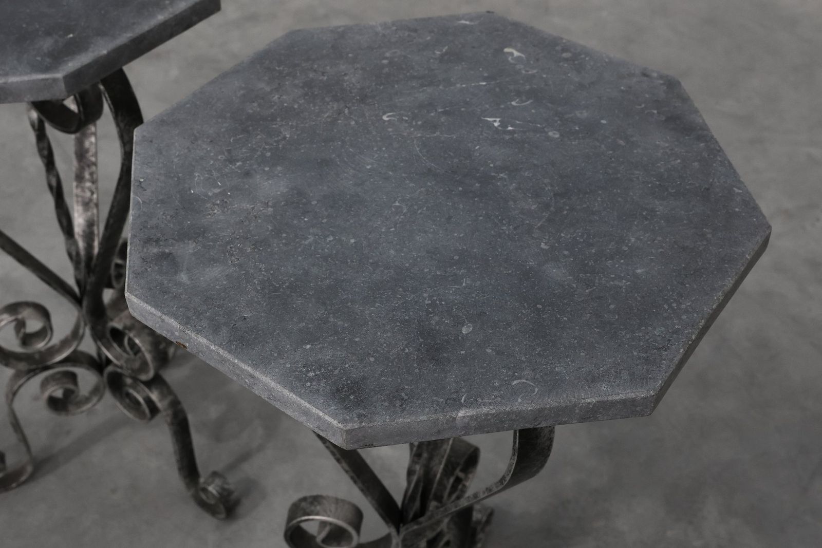photo for sale French Wrought Iron Consoles With Belgian Blue Stone Tops, 1950s, Set Of 2