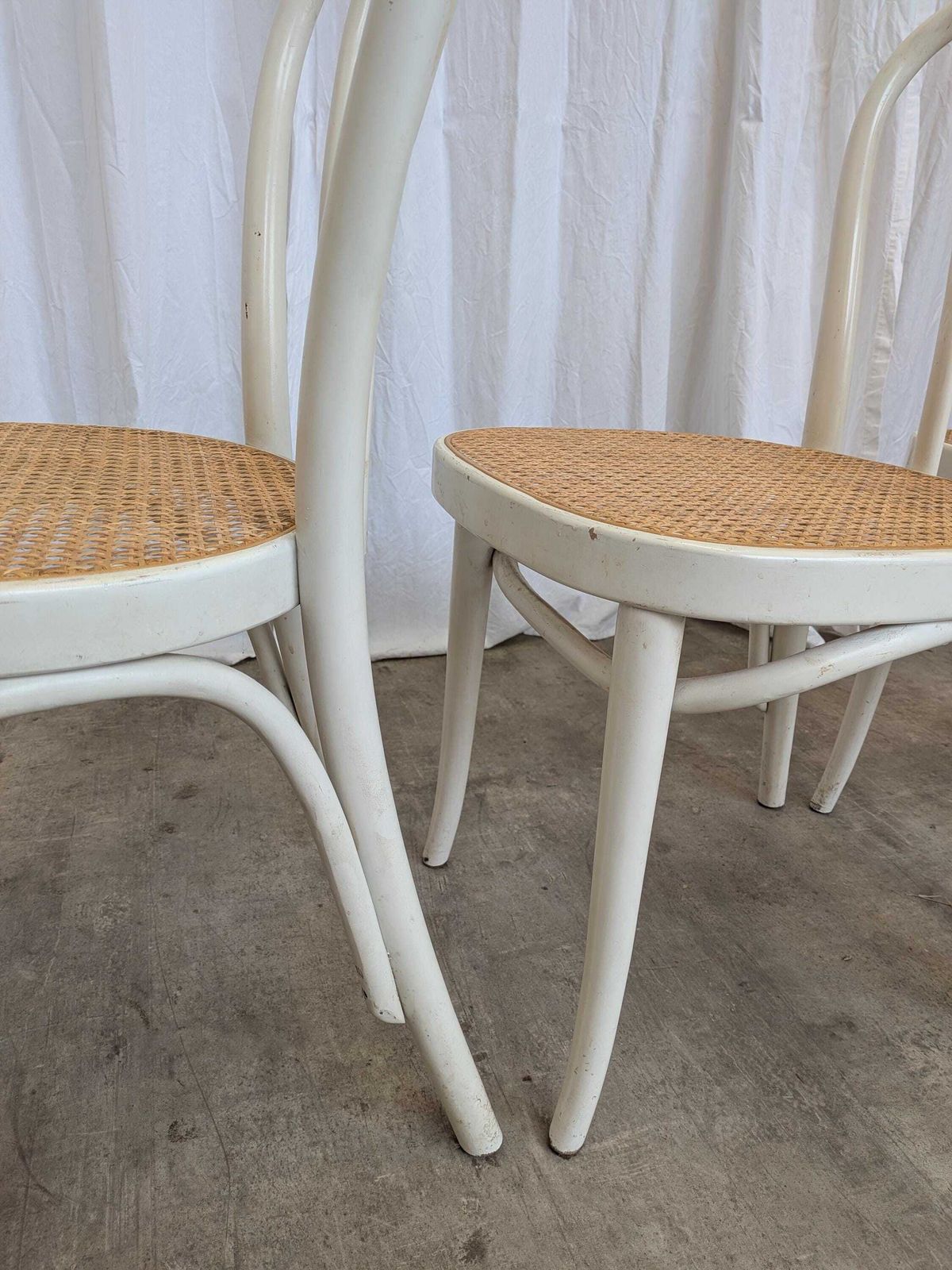 photo buy Set Of 4 Vintage Thonet Style Dining Chairs: White Wood & Cane Seat