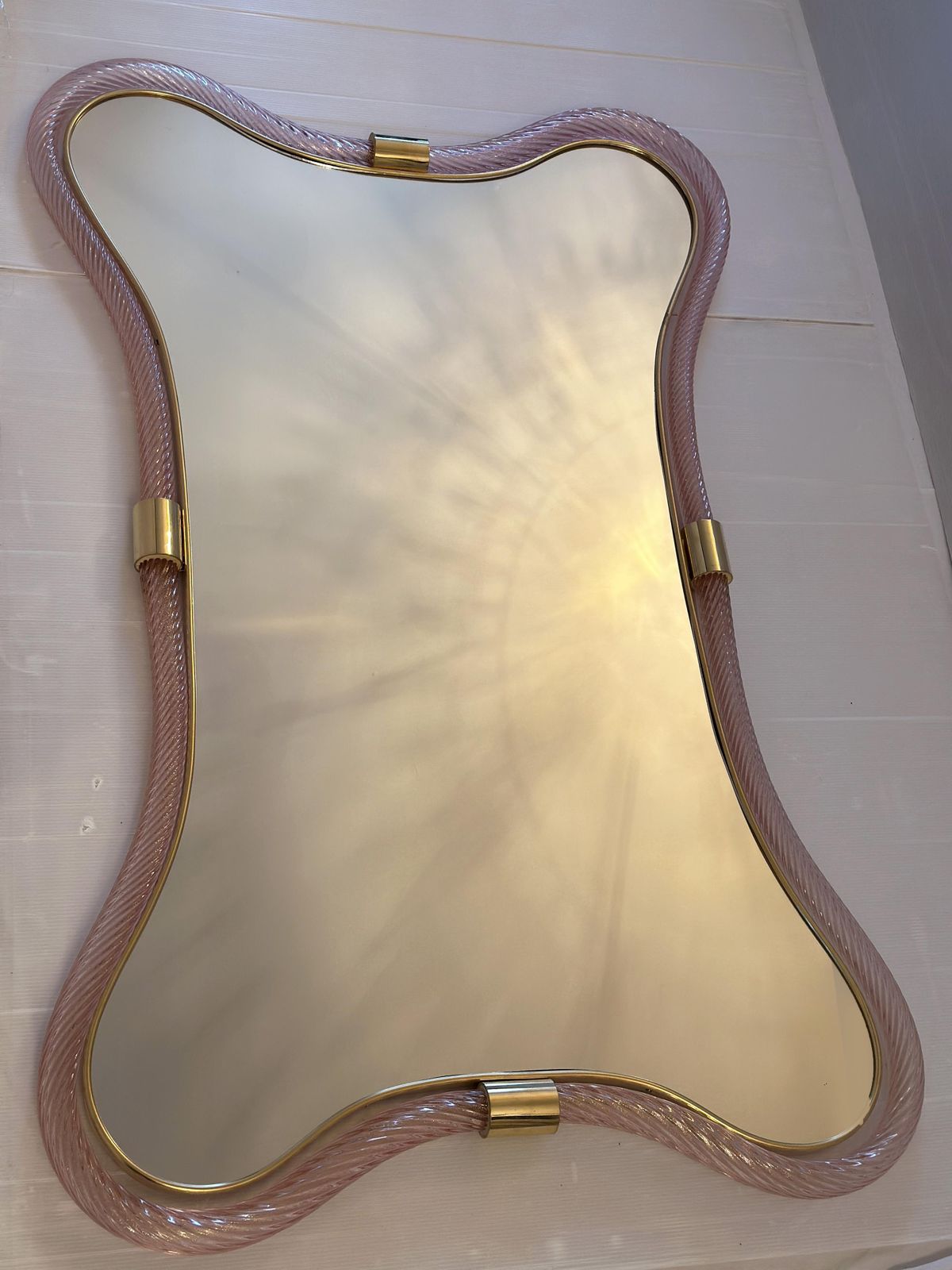Scenographic Pink And Gold Mirror With Torchon Murano Style Glass Design By Simoeng photo for sale