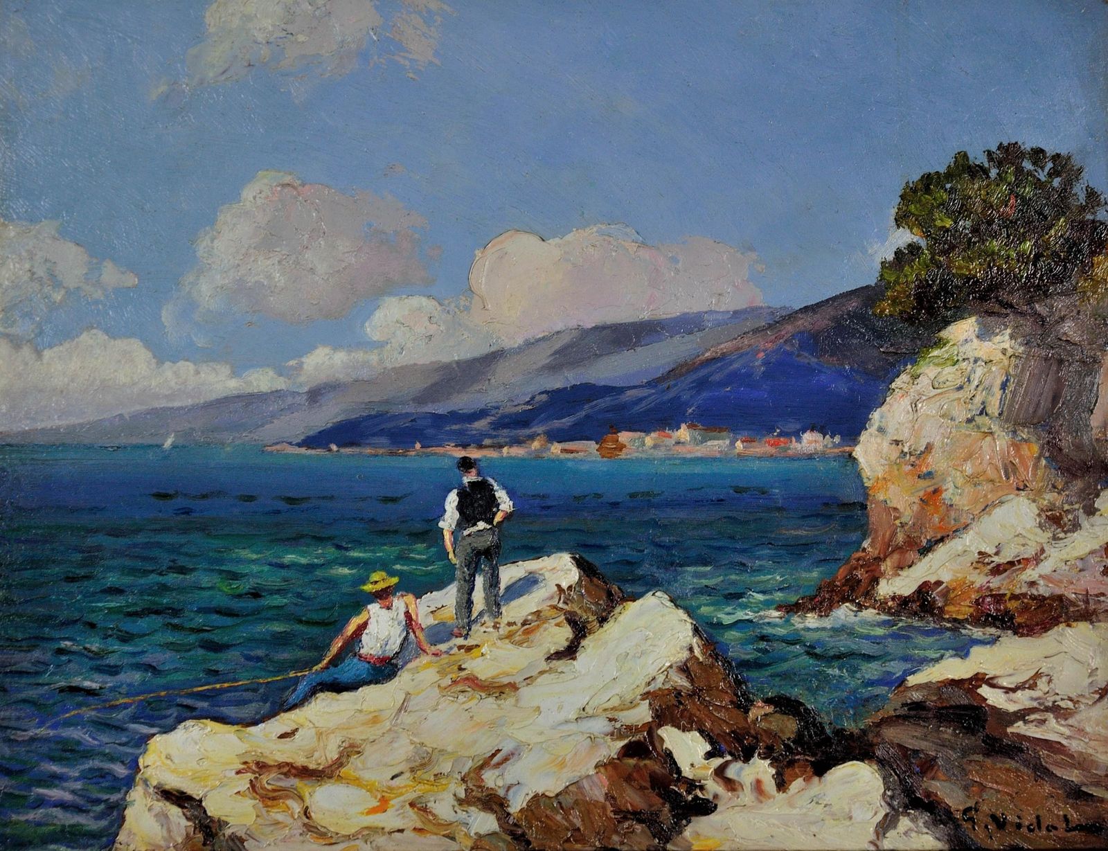 Gustave Vidal 1895 To 1966. French. Pêcheurs Sur Les Rochers. 1930s Framed Original Côte D'azur Oil Painting. photo furniture
