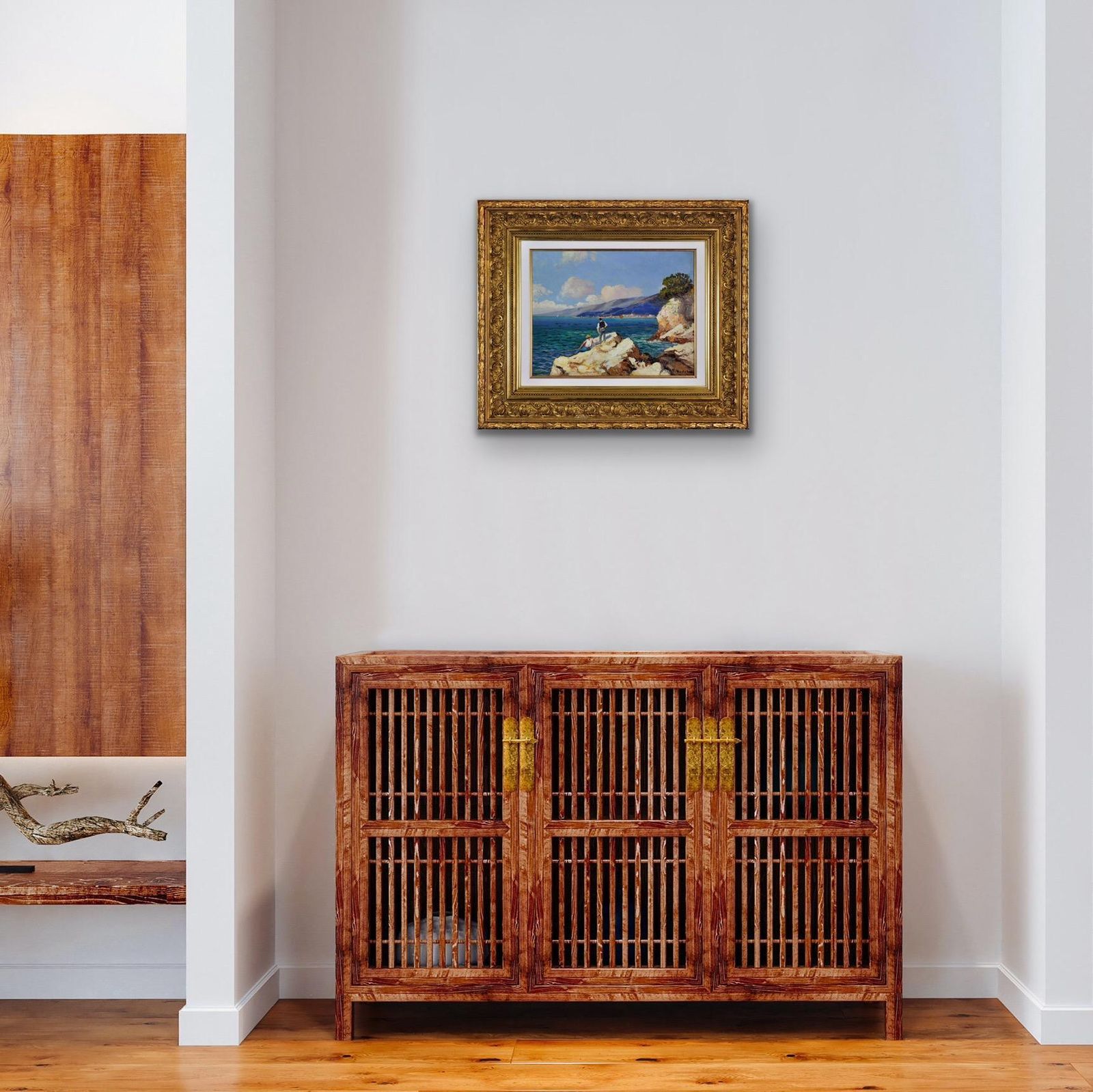 photo furniture Gustave Vidal 1895 To 1966. French. Pêcheurs Sur Les Rochers. 1930s Framed Original Côte D'azur Oil Painting.