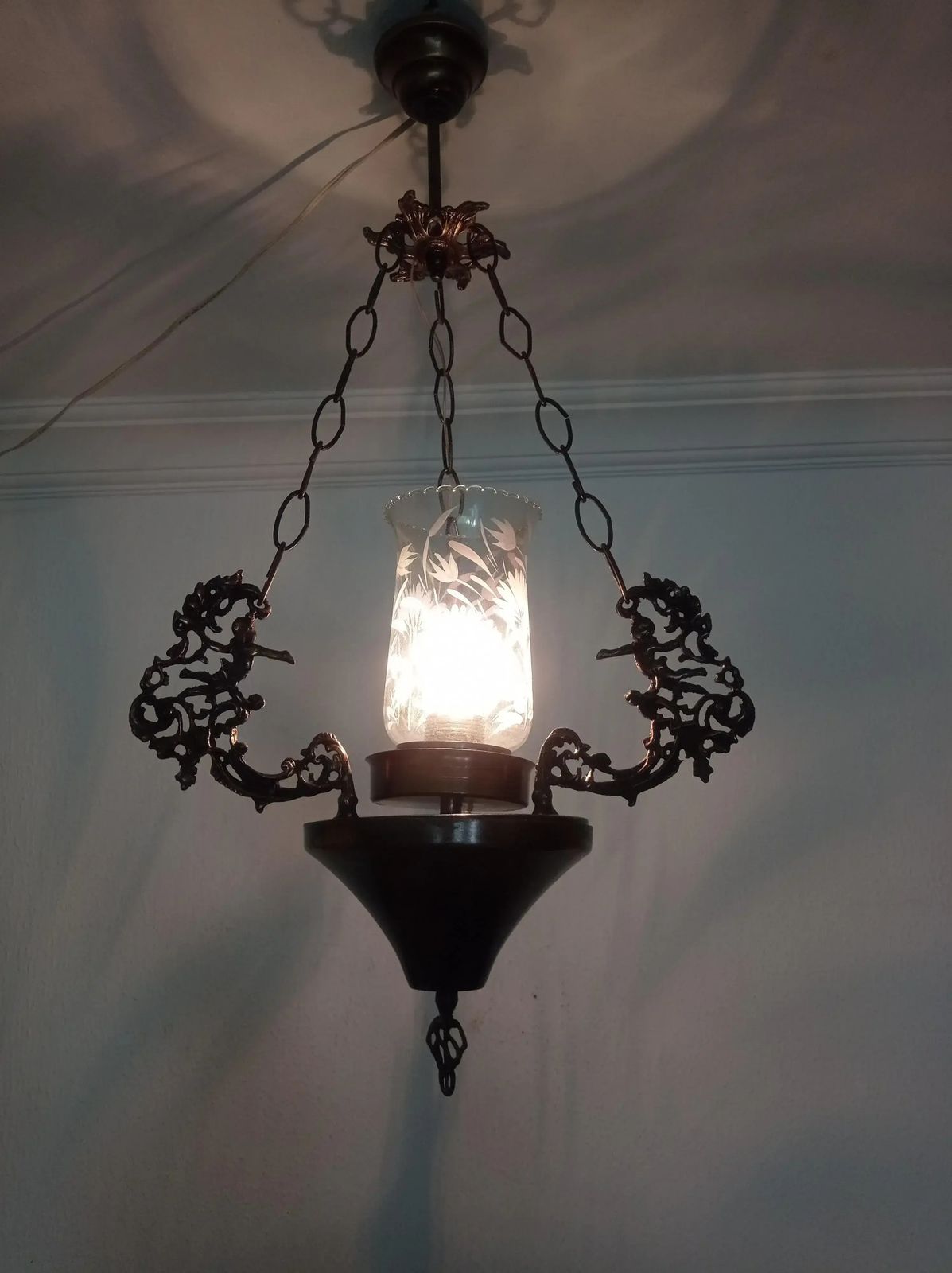 Vintage 1980s Brass French Angel Rococo & Cherub Pendant Fixture photo Lighting