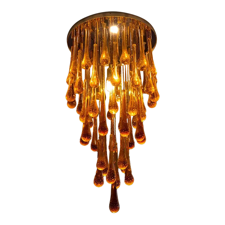 Contemporary Amber And Transparent Gold Murano Glass “Big Drops” Flush Mount
