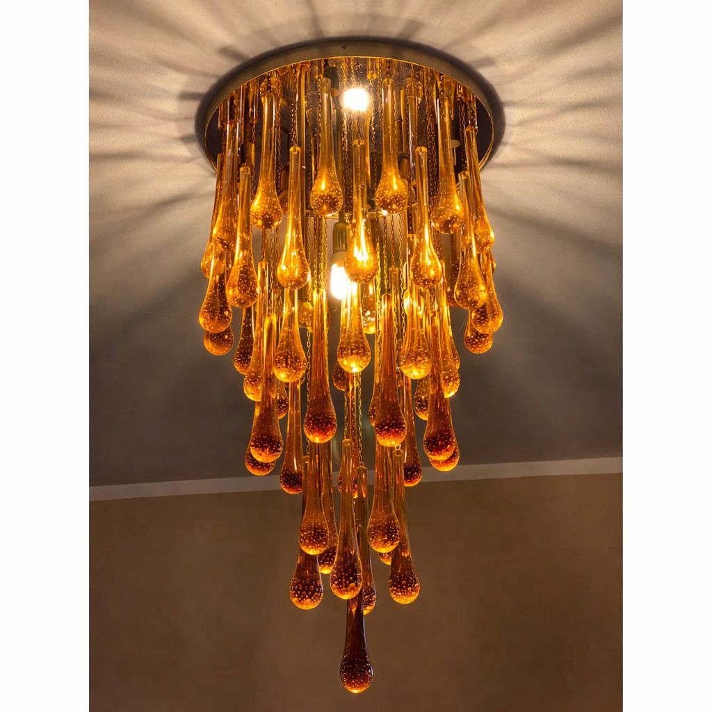 Contemporary Amber And Transparent Gold Murano Glass “Big Drops” Flush Mount photo furniture