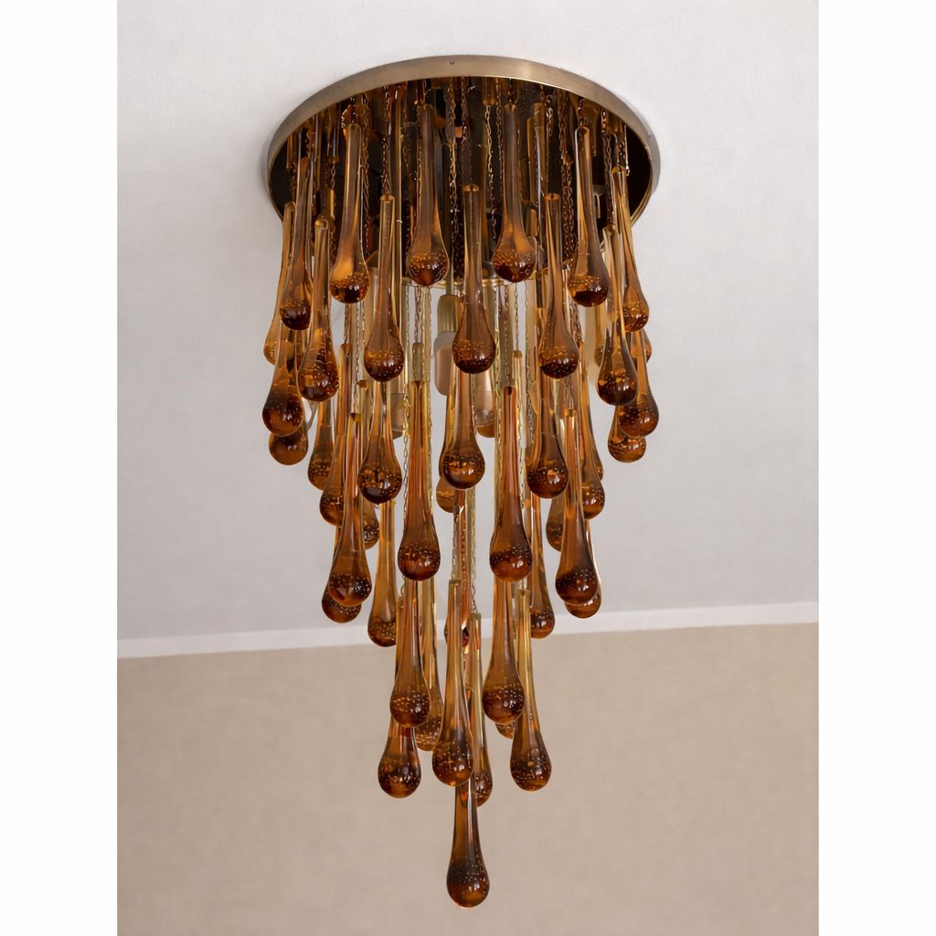 Contemporary Amber And Transparent Gold Murano Glass “Big Drops” Flush Mount photo Lighting