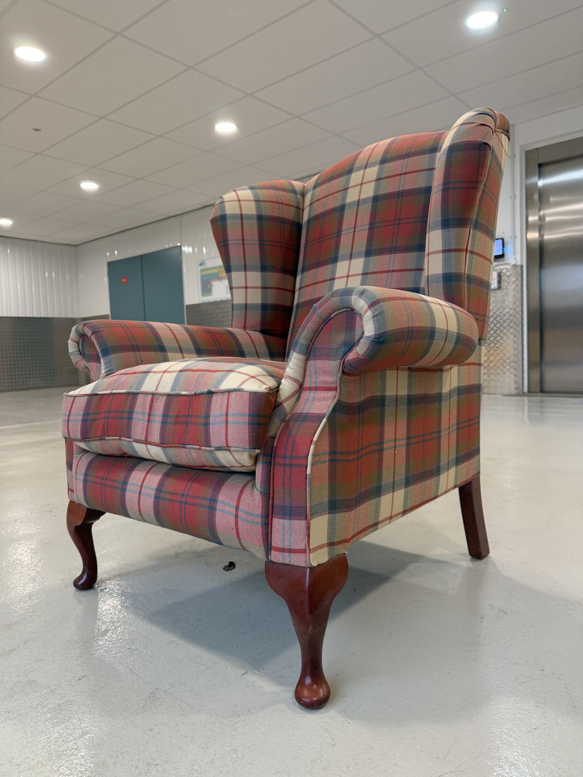 Lovely Queen Anne Style High Wingback Armchair In Red Check Fabric – Great Condition photo buy