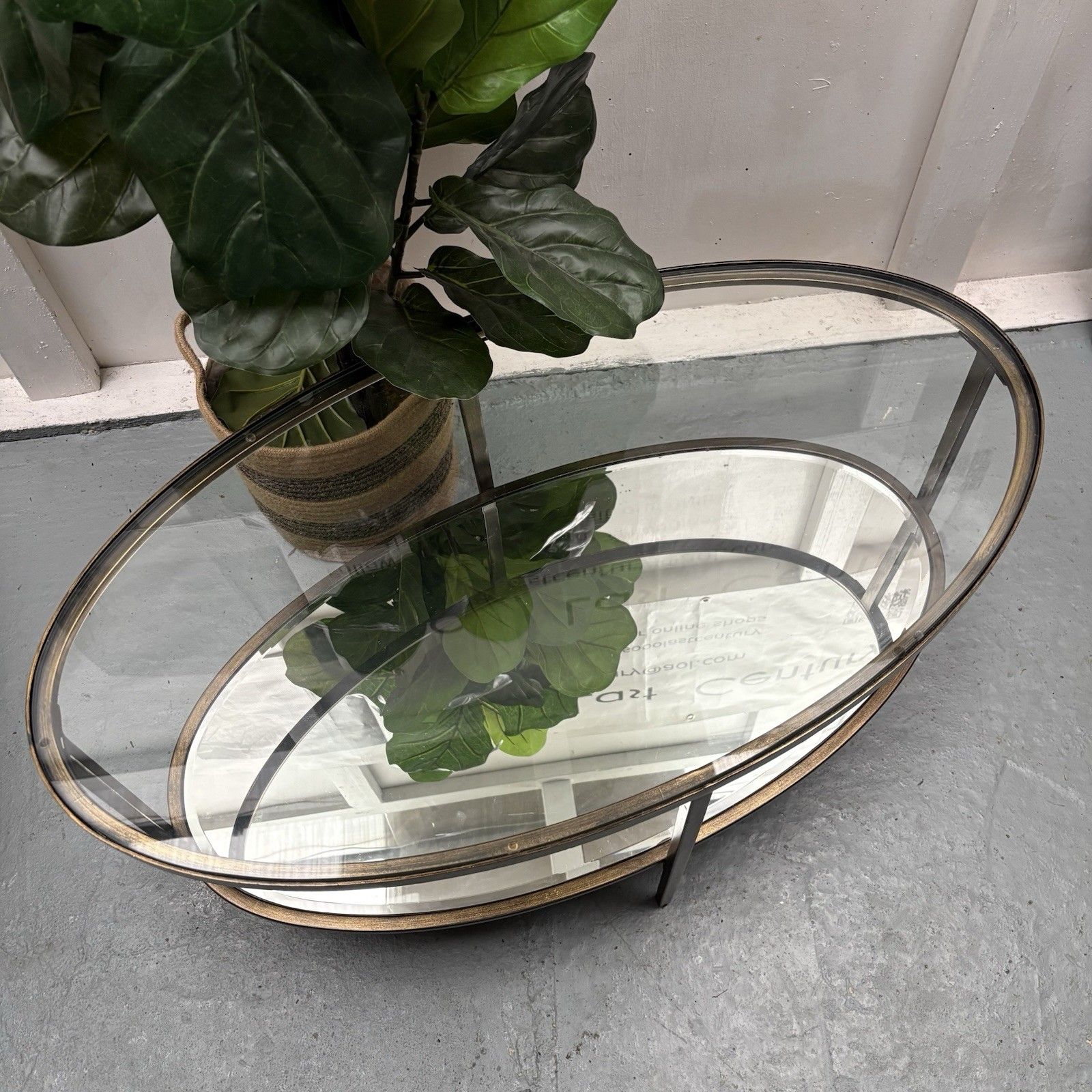 Gallery Direct Hudson Antique Oval Bronze & Glass Mirrored Coffee Table photo for sale