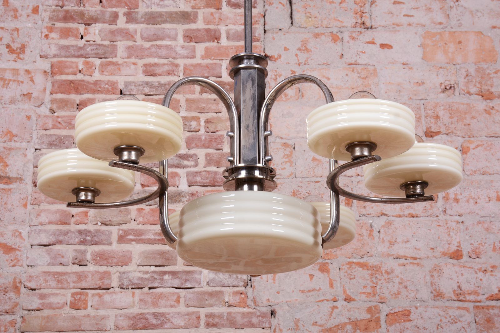 Restored Bauhaus Chandelier, Nickel Plated Steel, Opaline Glass, Czech, 1920s photo 2250.0