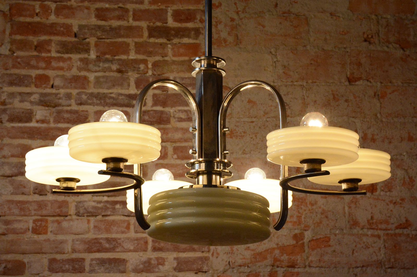 photo for sale Restored Bauhaus Chandelier, Nickel Plated Steel, Opaline Glass, Czech, 1920s