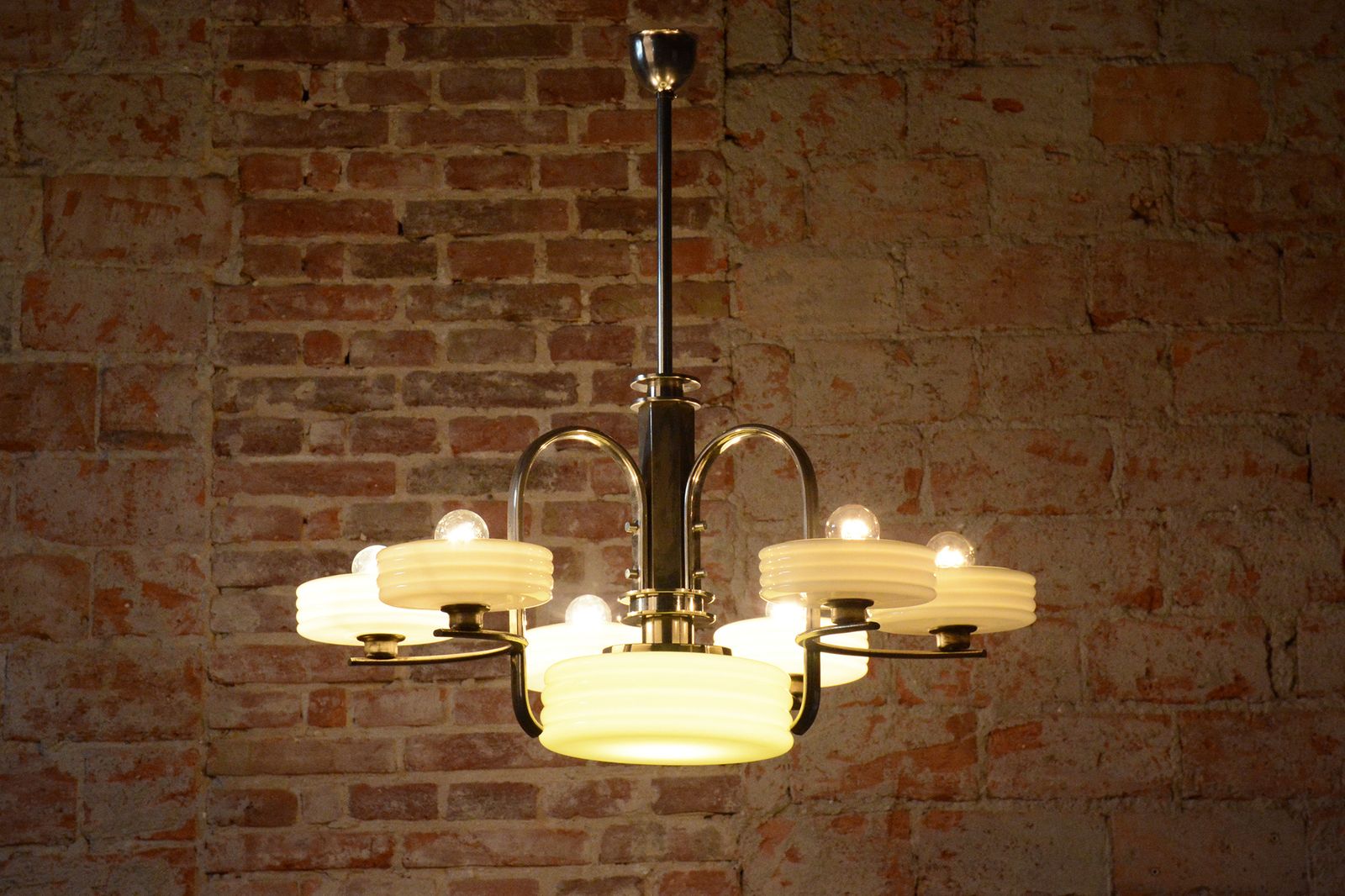 photo vinterior Restored Bauhaus Chandelier, Nickel Plated Steel, Opaline Glass, Czech, 1920s