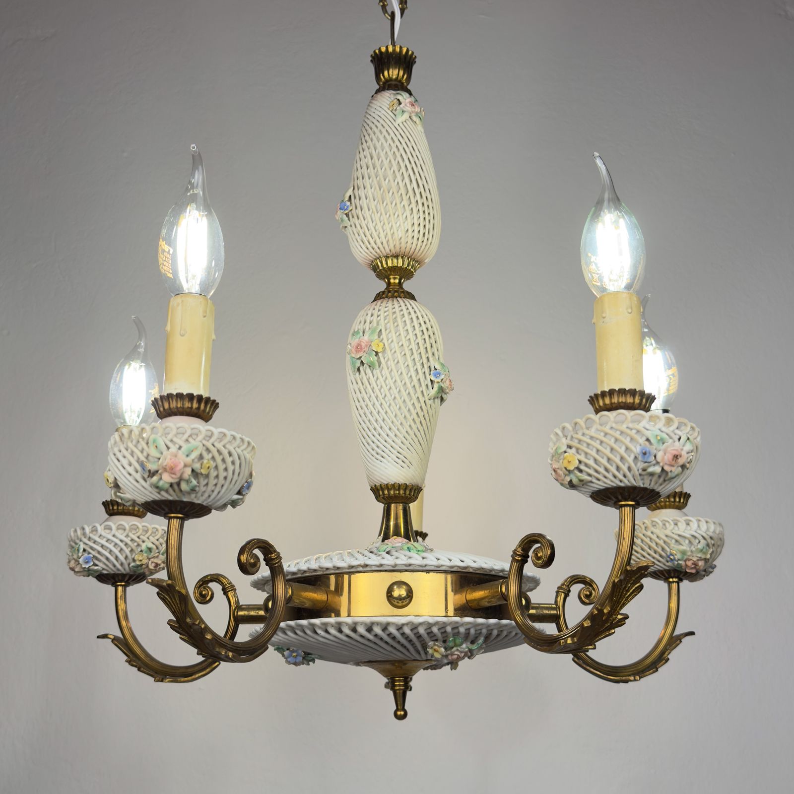 Art Nouveau Capodimonte Chandelier, Italy 1930s photo vintage