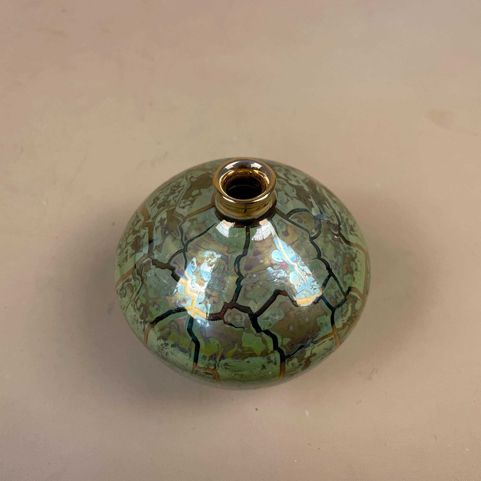 Green Lusterware Vase Iridescent Crackle Studio Pottery Mid Century Asian Pot Vintage Decorative Tabletop Oriental Collectible photo Home Decor