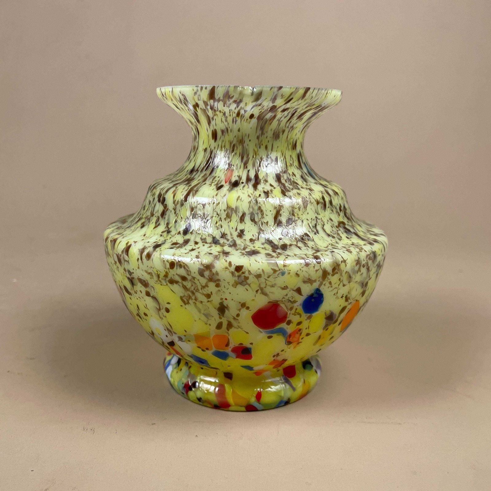 Art Glass Vase Hand Blown Confetti Spatter Mid Century Decorative Vase Czech Bohemian Yellow Round Display Ornament photo for sale