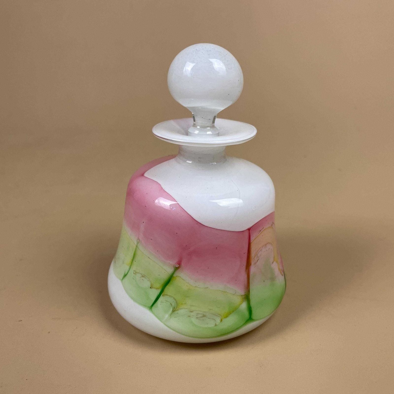 Vintage Perfume Bottle Snuff Scent C.1970's Hand Blown With Lid Pink Green White Decorative Small Dressing Table Decor Ornament photo for sale