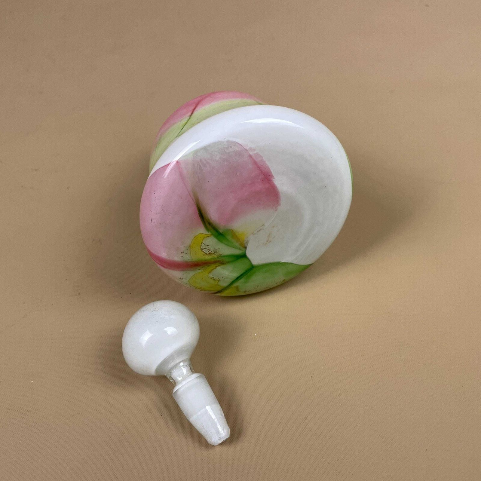 photo for sale Vintage Perfume Bottle Snuff Scent C.1970's Hand Blown With Lid Pink Green White Decorative Small Dressing Table Decor Ornament