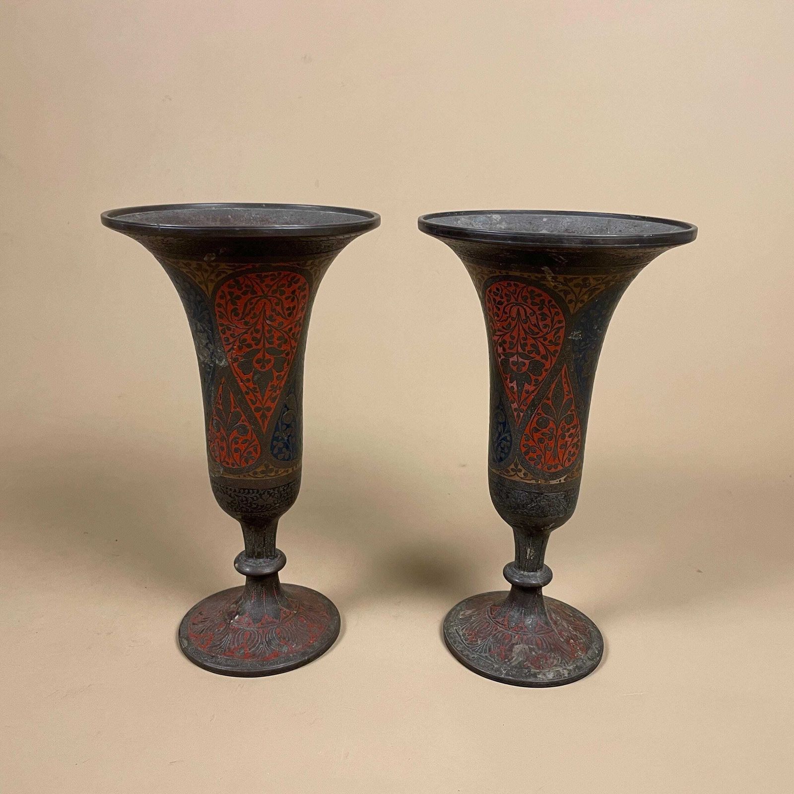 Pair Of Antique Metal Gold Indian Patterned Brass Vase Pot Flute Jardiniere Red Handmade Engraved Painted Intricate Vintage Decorative