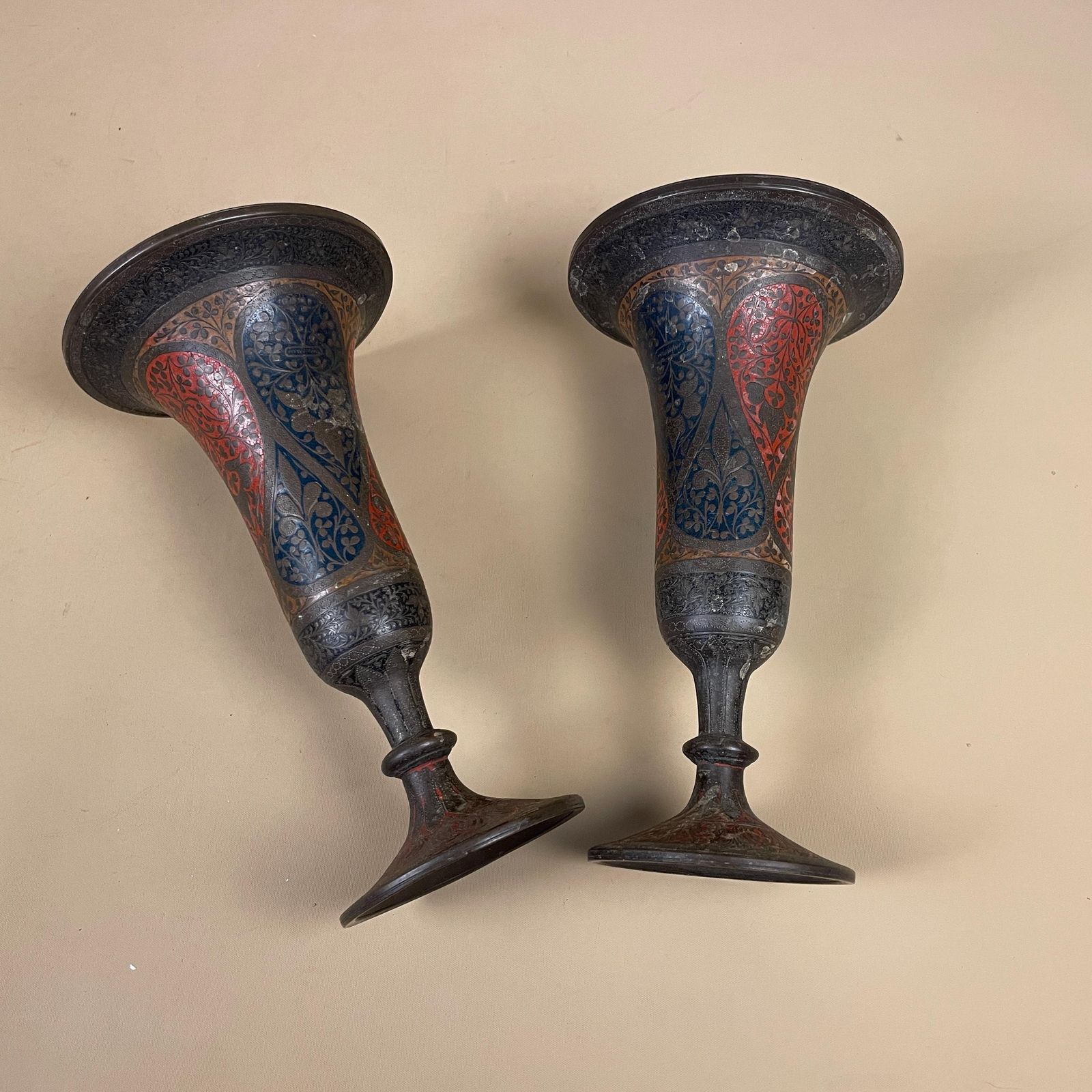 Pair Of Antique Metal Gold Indian Patterned Brass Vase Pot Flute Jardiniere Red Handmade Engraved Painted Intricate Vintage Decorative photo furniture