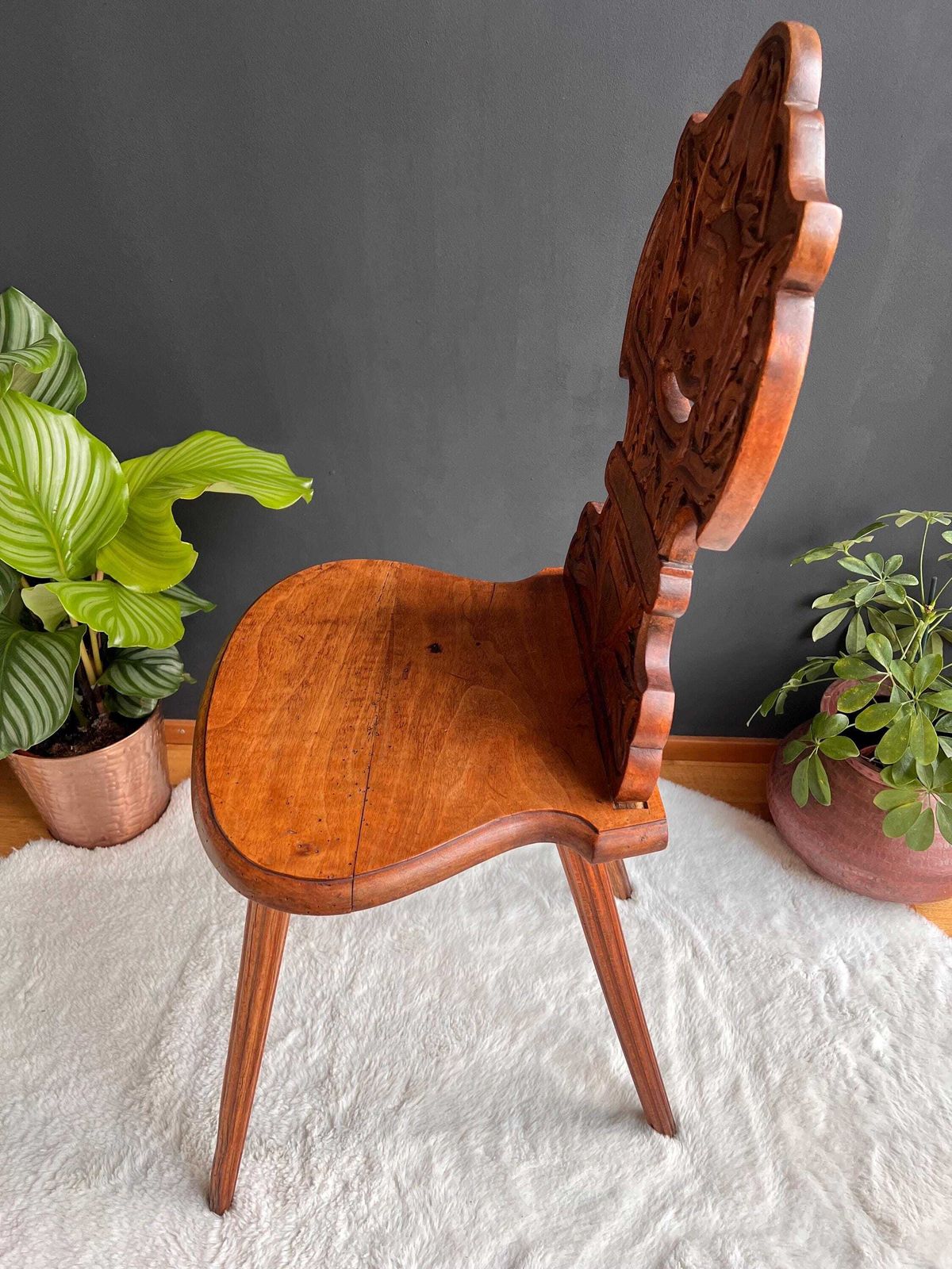Antique Swiss Alpine Chair C. 1880   Rare Memento Mori Skull & Poppy Carving photo for sale
