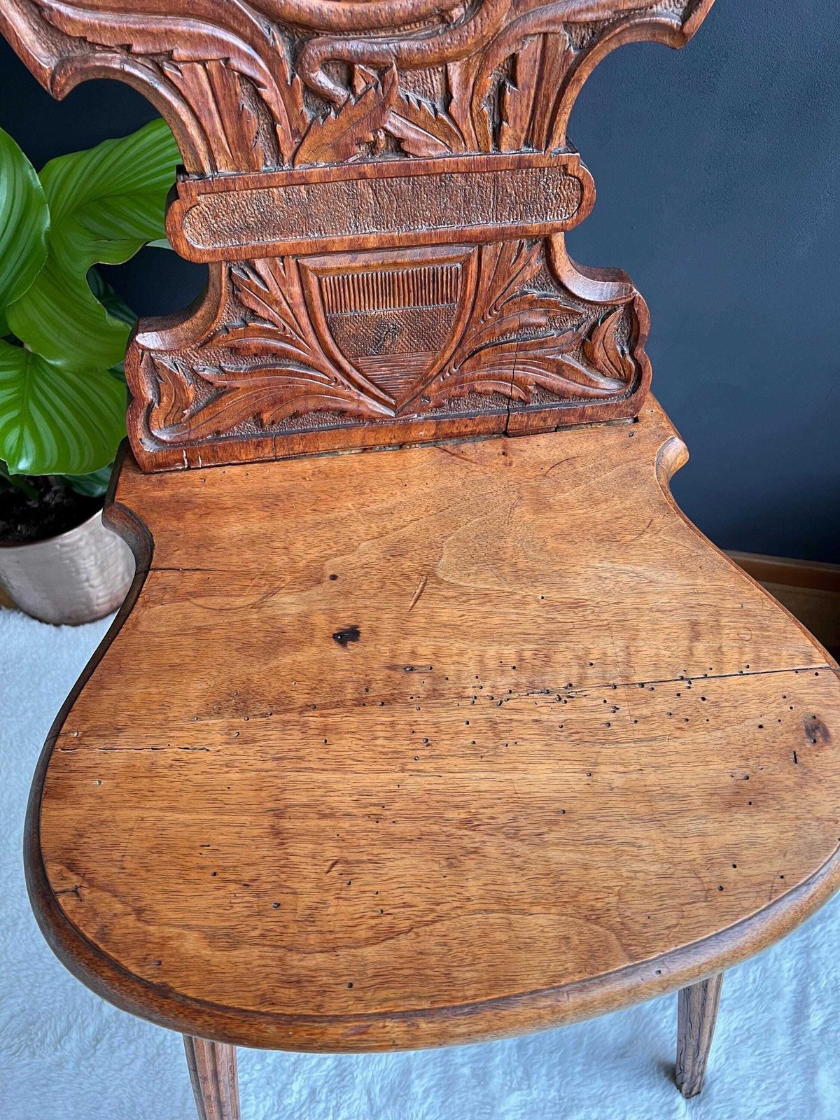 photo vinterior Antique Swiss Alpine Chair C. 1880   Rare Memento Mori Skull & Poppy Carving