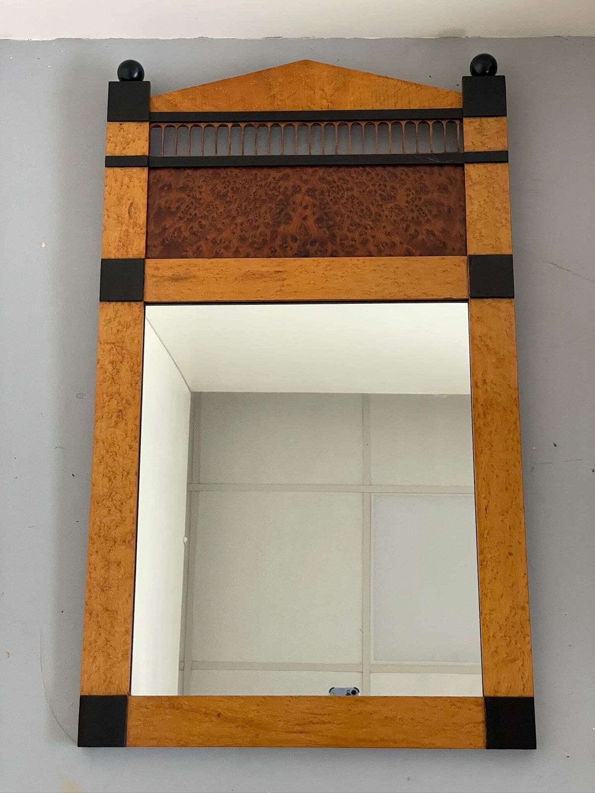 Large Art Deco Style Postmodern Burr Mirror With Black Panels And Finials