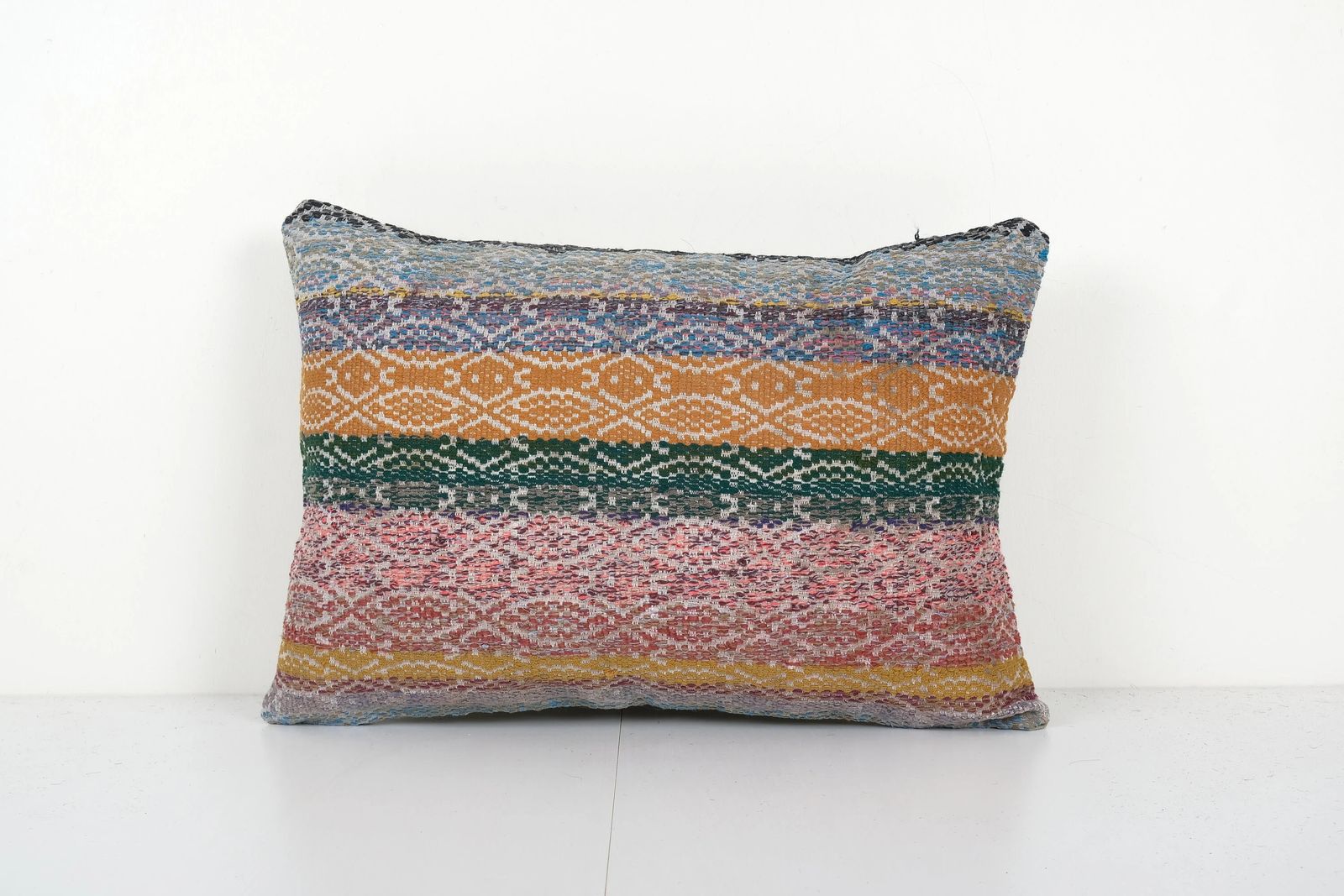 Vintage Kilim Lumbar Pillow Cover, Striped Geometric Wool