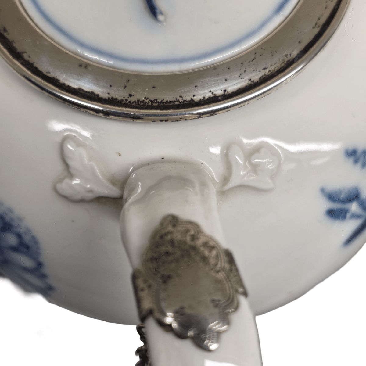 Antique German Porcelain Meissen Zwiebelmunster Teapot With Silver, Mid 1800s photo vinterior