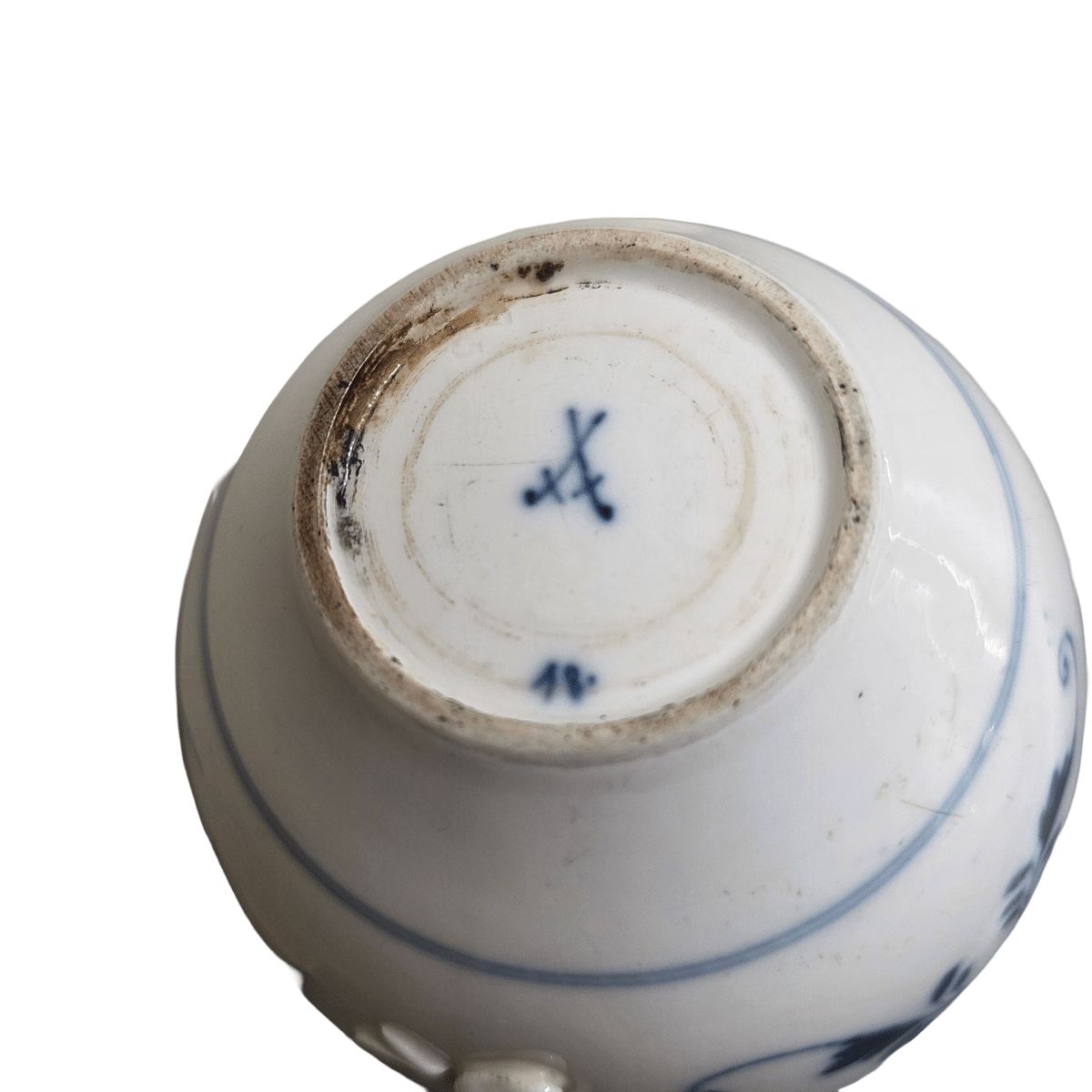 photo buy Antique German Porcelain Meissen Zwiebelmunster Teapot With Silver, Mid 1800s