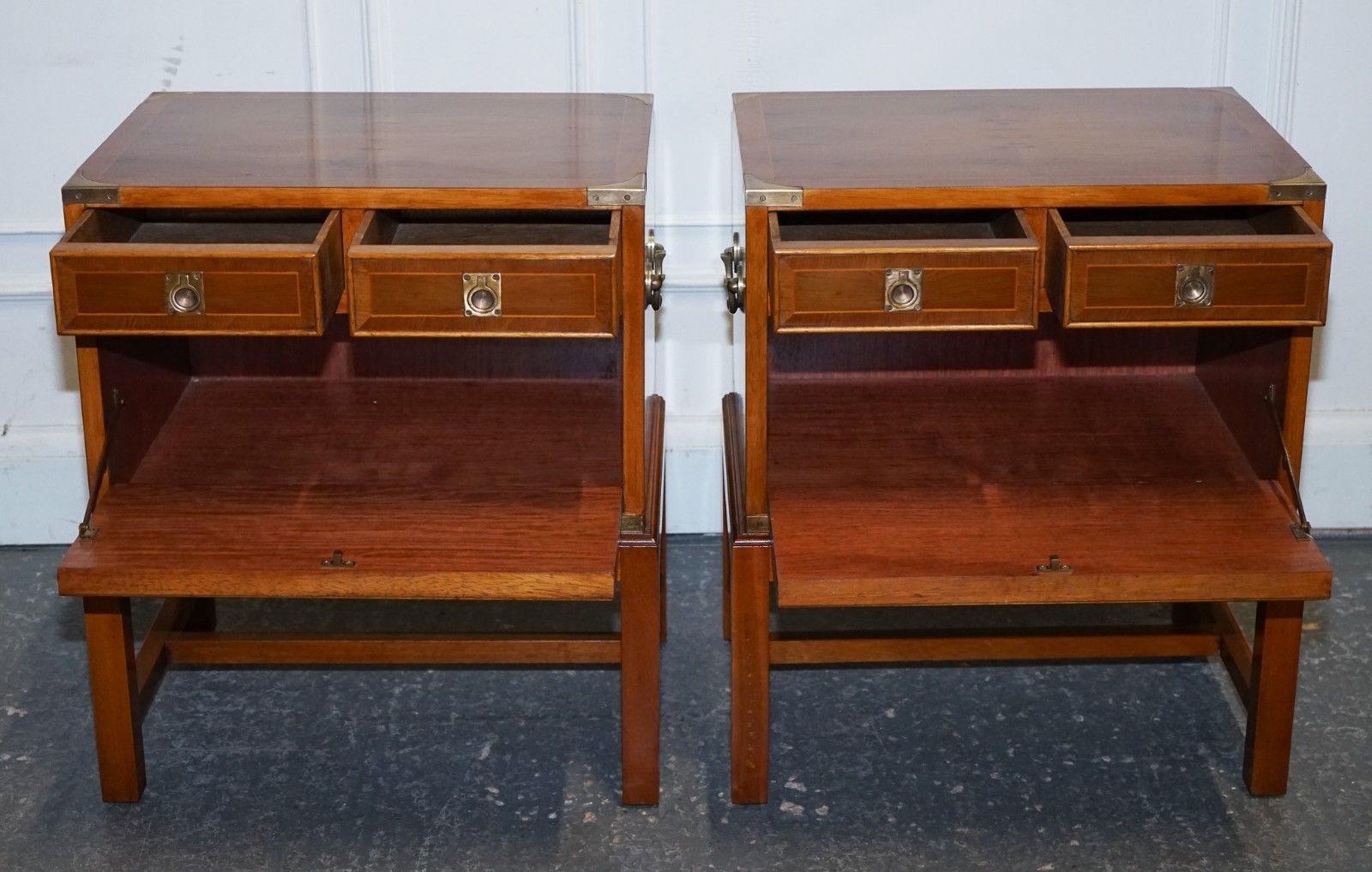 A Pair Of Yew Wood & Brass English Military Campaign End Cabinets Nightstands photo vinterior
