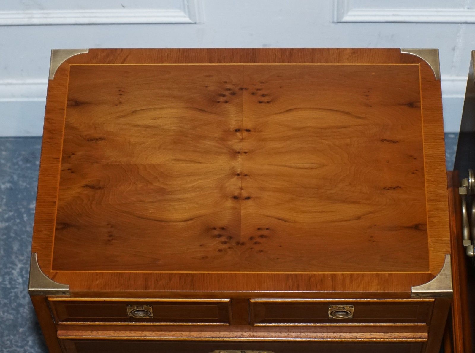 Furniture A Pair Of Yew Wood & Brass English Military Campaign End Cabinets Nightstands photo