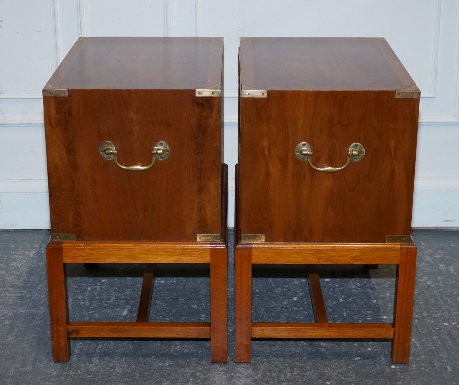 photo buy A Pair Of Yew Wood & Brass English Military Campaign End Cabinets Nightstands